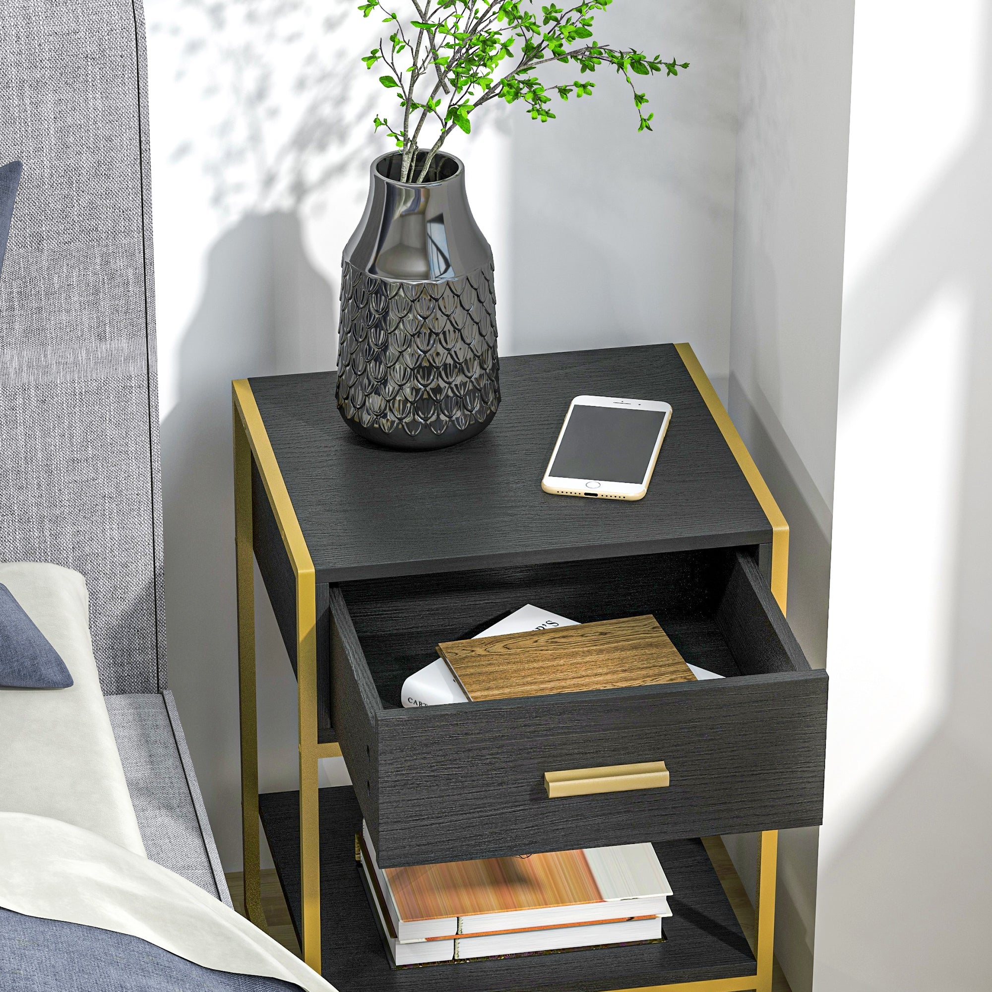 HOMCOM Nightstand Set of 2, Modern Bedside Table with Drawer and Shelf, Bedside Cabinets for Bedroom, Black