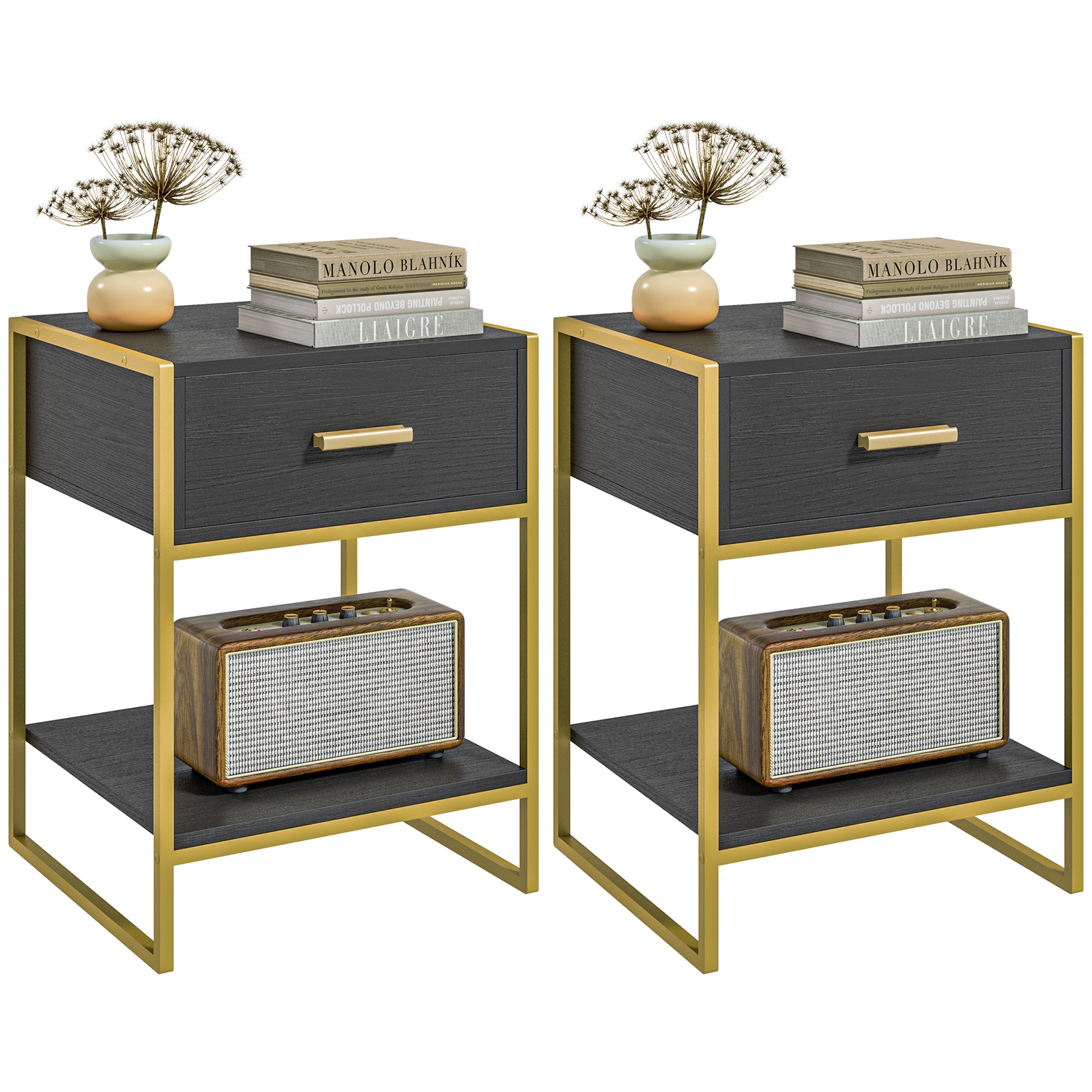 HOMCOM Nightstand Set of 2, Modern Bedside Table with Drawer and Shelf, Bedside Cabinets for Bedroom, Black