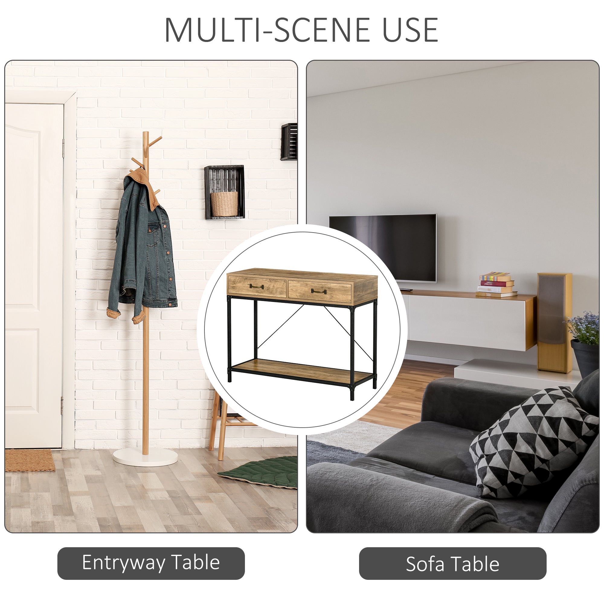 HOMCOM Vintage Sofa Console Table, Entryway Table with Drawers, Storage Shelf for Living Room, Hallway, Bedroom, Brown