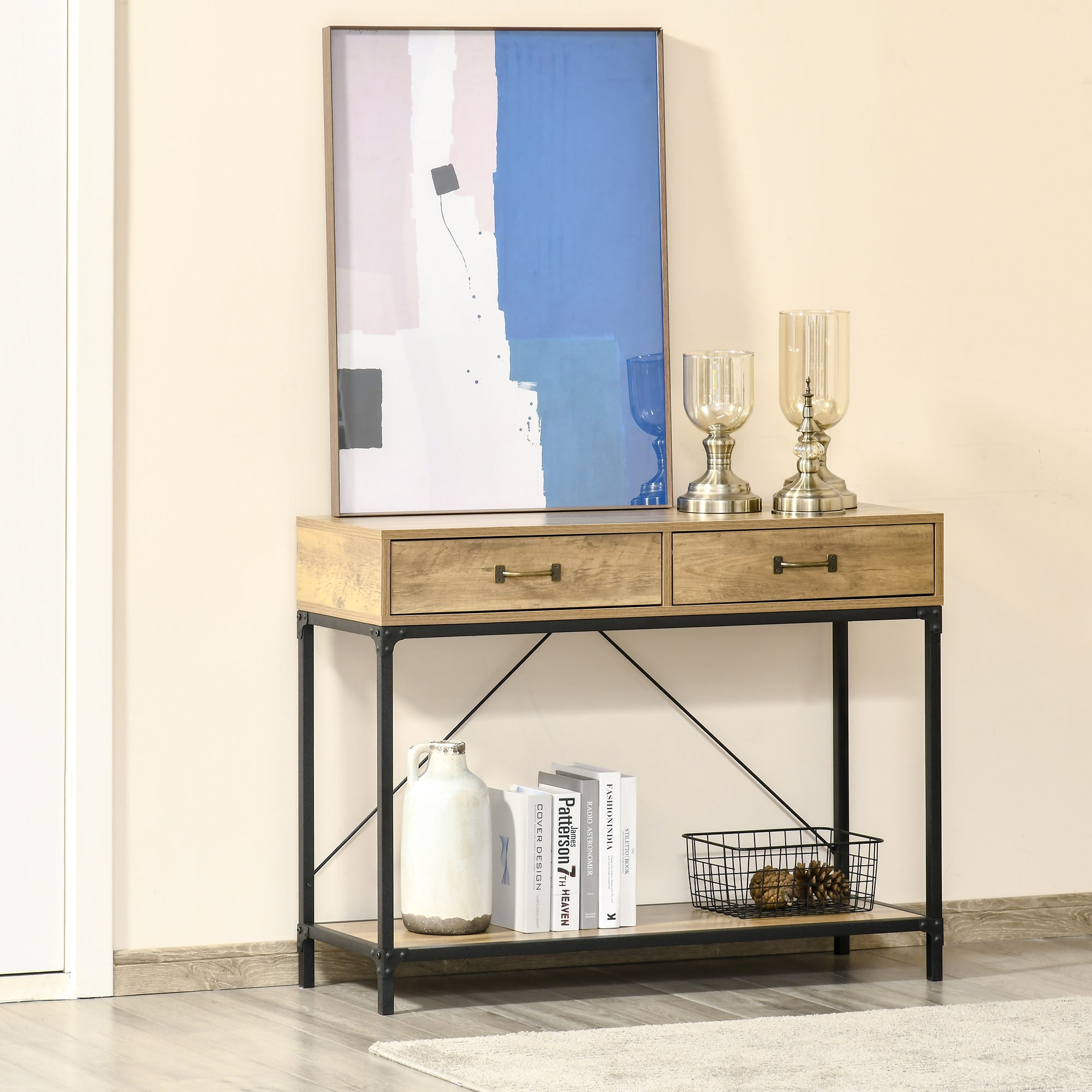 HOMCOM Vintage Sofa Console Table, Entryway Table with Drawers, Storage Shelf for Living Room, Hallway, Bedroom, Brown