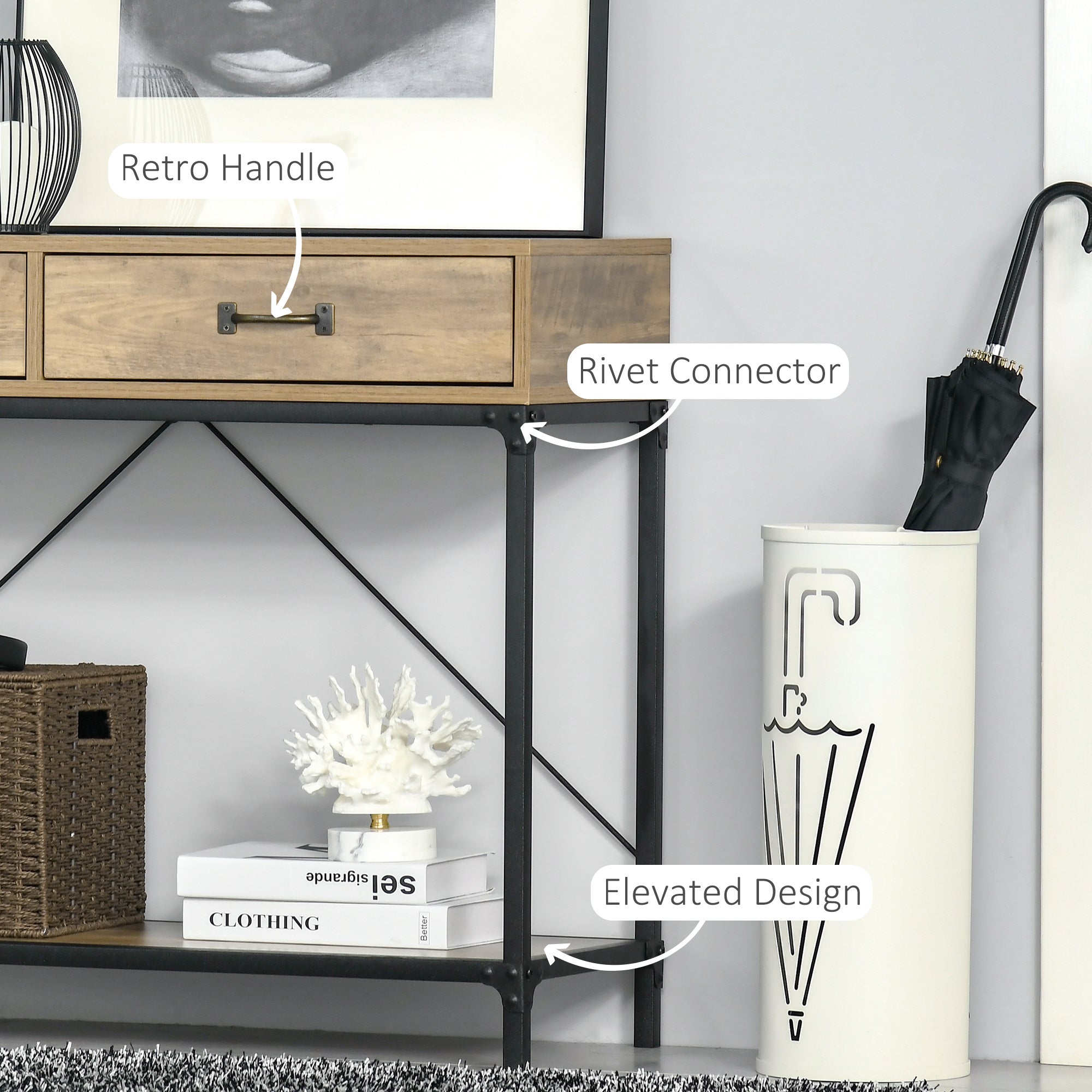 HOMCOM Vintage Sofa Console Table, Entryway Table with Drawers, Storage Shelf for Living Room, Hallway, Bedroom, Brown