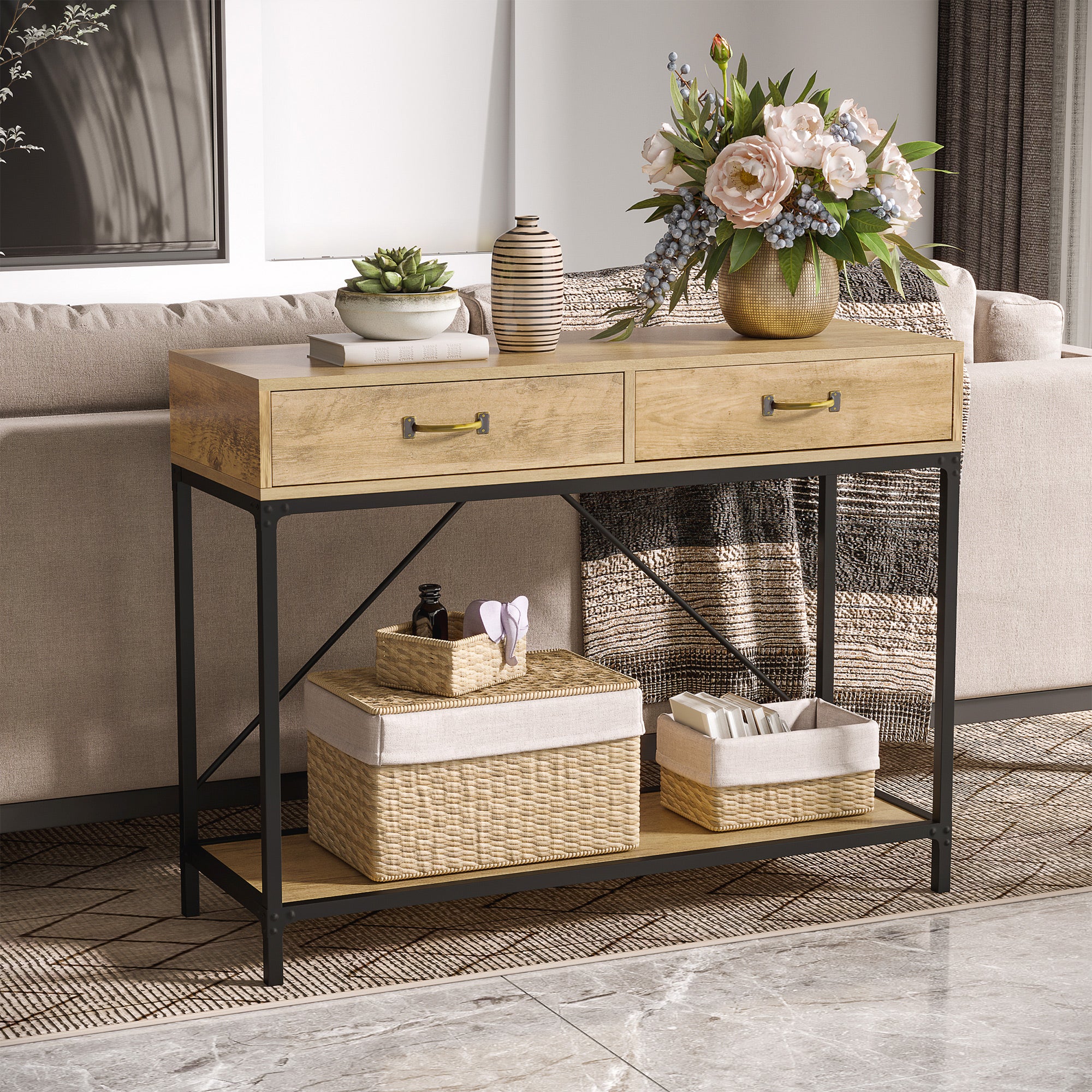 HOMCOM Vintage Sofa Console Table, Entryway Table with Drawers, Storage Shelf for Living Room, Hallway, Bedroom, Brown