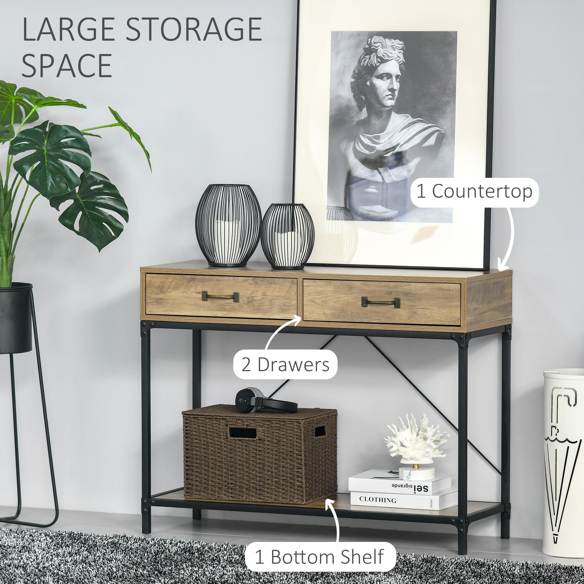HOMCOM Vintage Sofa Console Table, Entryway Table with Drawers, Storage Shelf for Living Room, Hallway, Bedroom, Brown