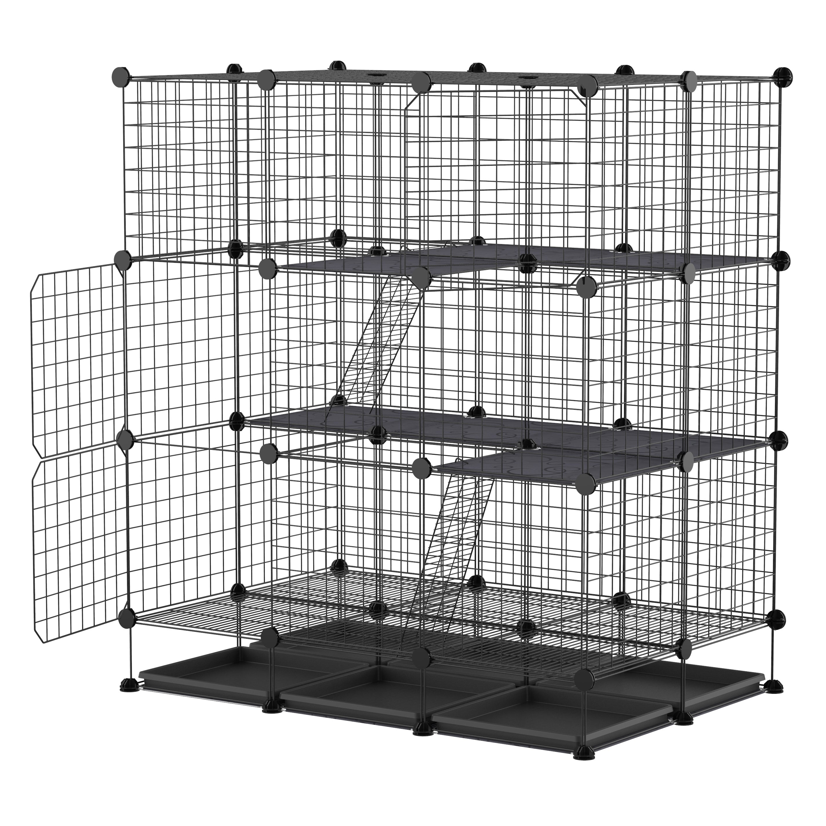 PawHut Small Animal Playpen C&C Cage Wire Bunny Pen for Kitten, Chinchillas, with Doors, Ramps and Trays, Black