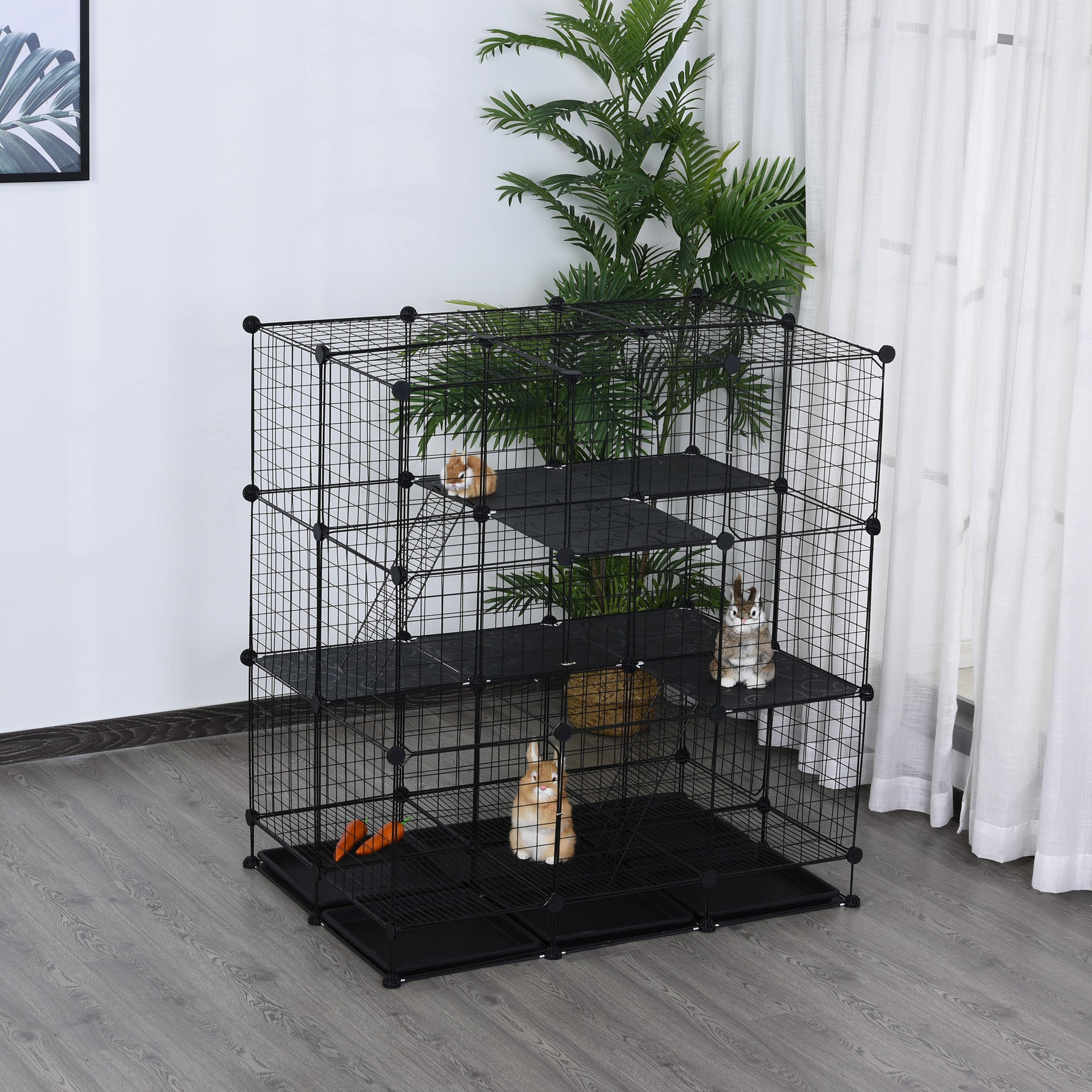 PawHut Small Animal Playpen C&C Cage Wire Bunny Pen for Kitten, Chinchillas, with Doors, Ramps and Trays, Black