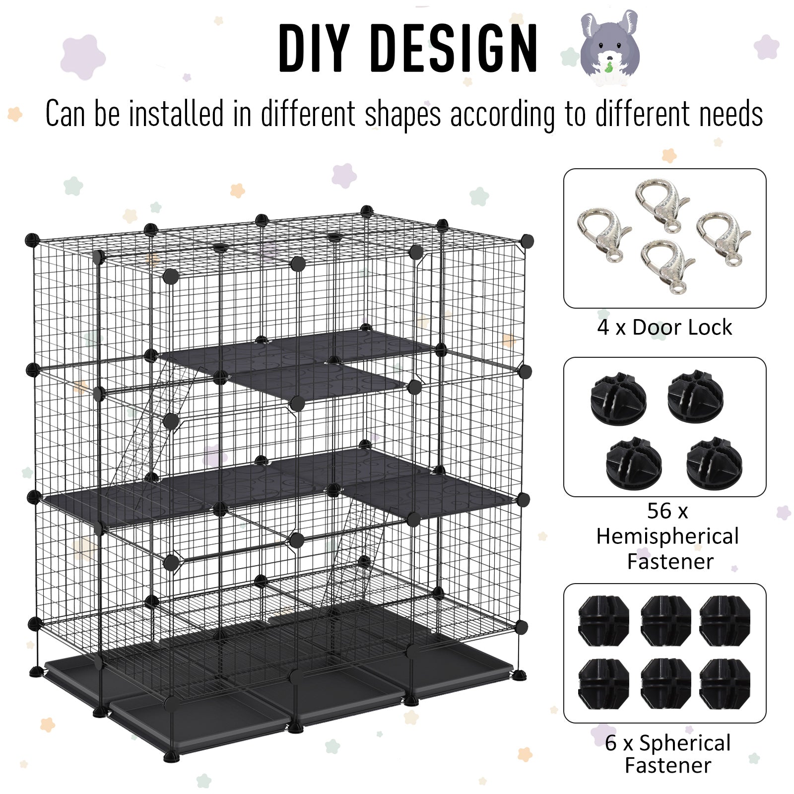 PawHut Small Animal Playpen C&C Cage Wire Bunny Pen for Kitten, Chinchillas, with Doors, Ramps and Trays, Black