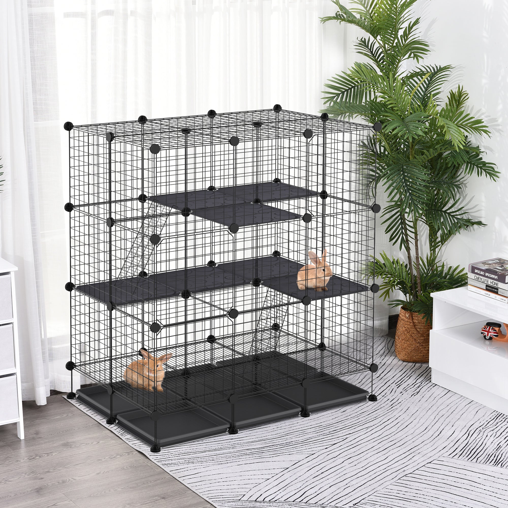 PawHut Small Animal Playpen C&C Cage Wire Bunny Pen for Kitten, Chinchillas, with Doors, Ramps and Trays, Black