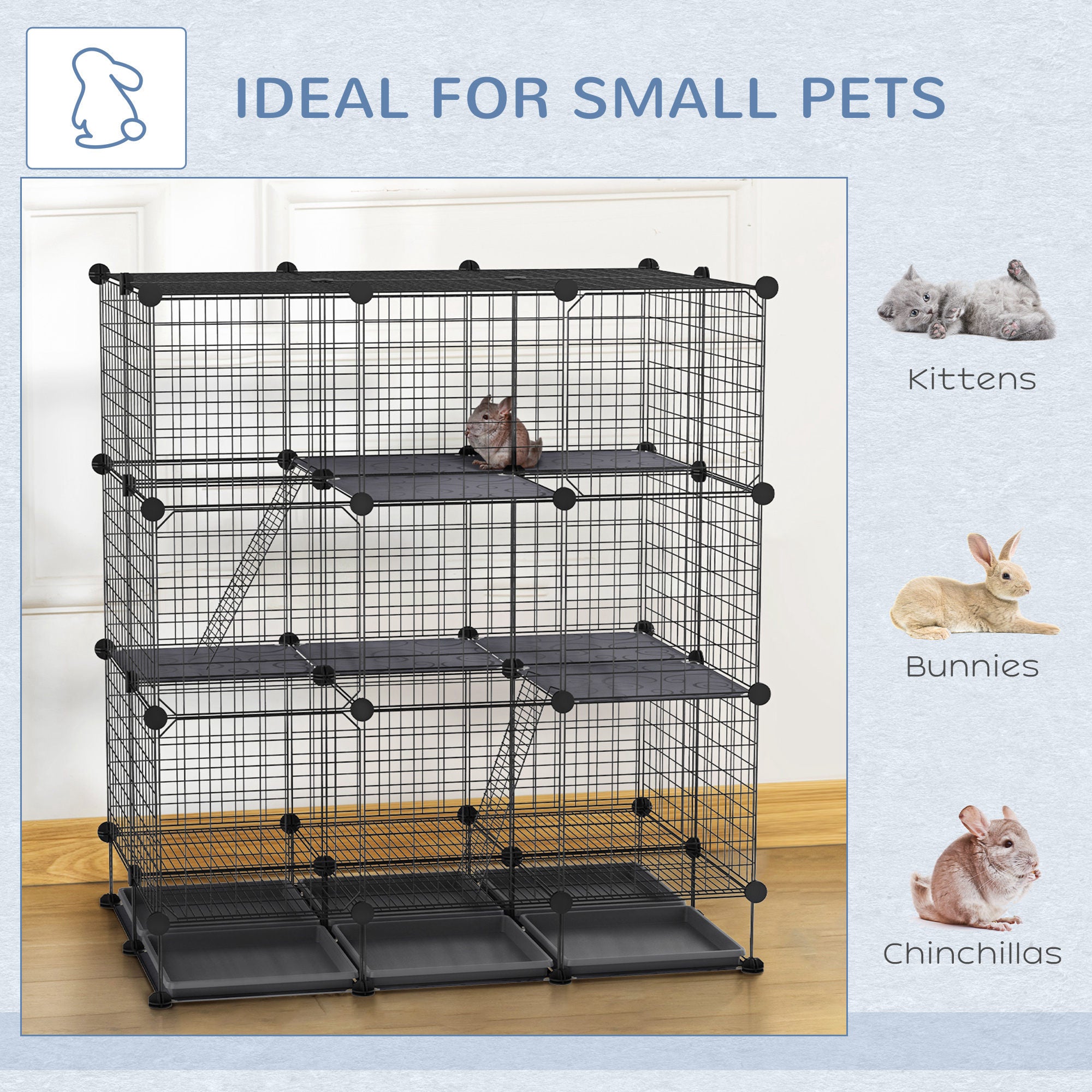 PawHut Rabbit Cage DIY Pet Playpen Small Animal Cage for Hedgehog Bunny Guinea Pig Chinchilla Ferret Kitten with Mallet Connectors and Cable Ties