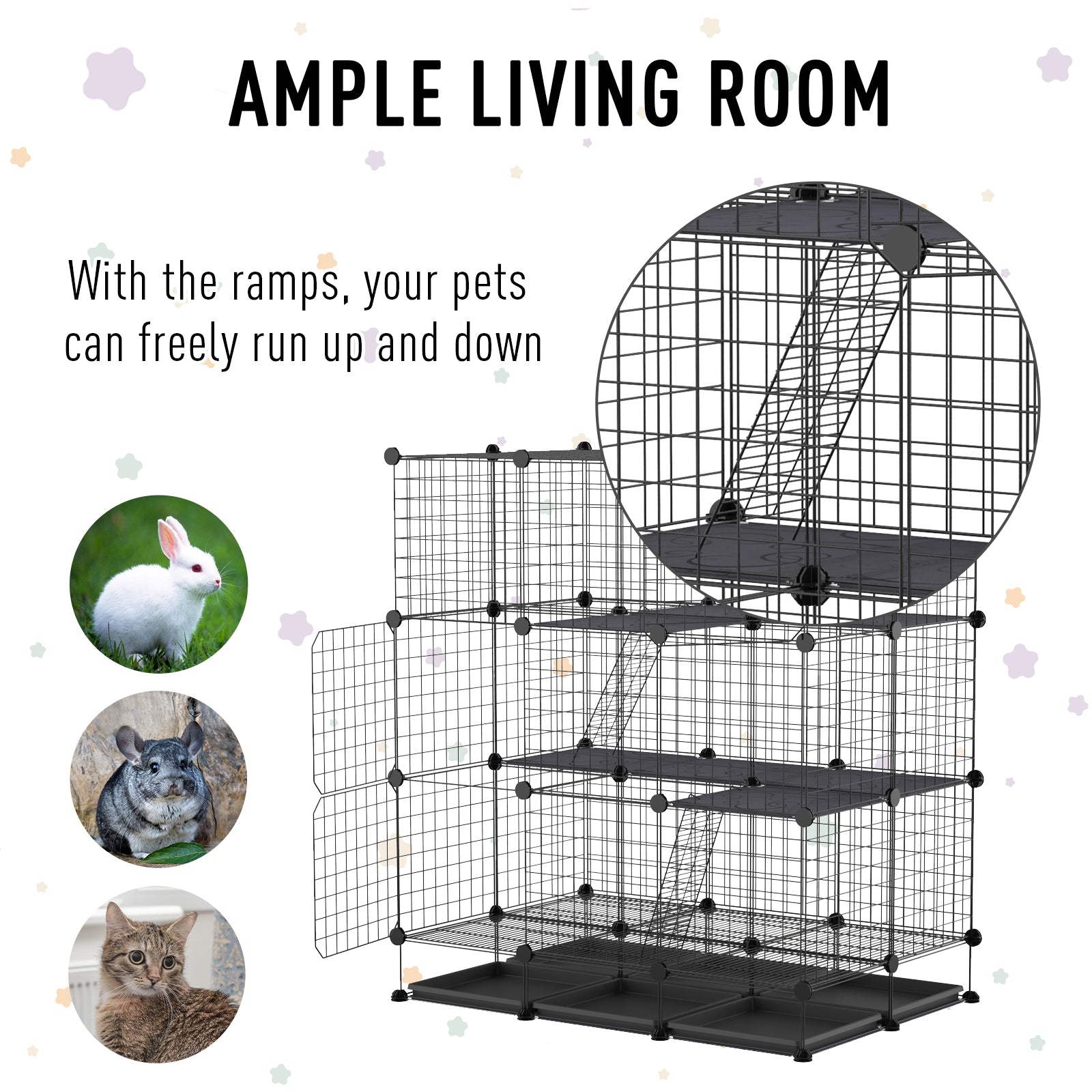 PawHut Small Animal Playpen C&C Cage Wire Bunny Pen for Kitten, Chinchillas, with Doors, Ramps and Trays, Black