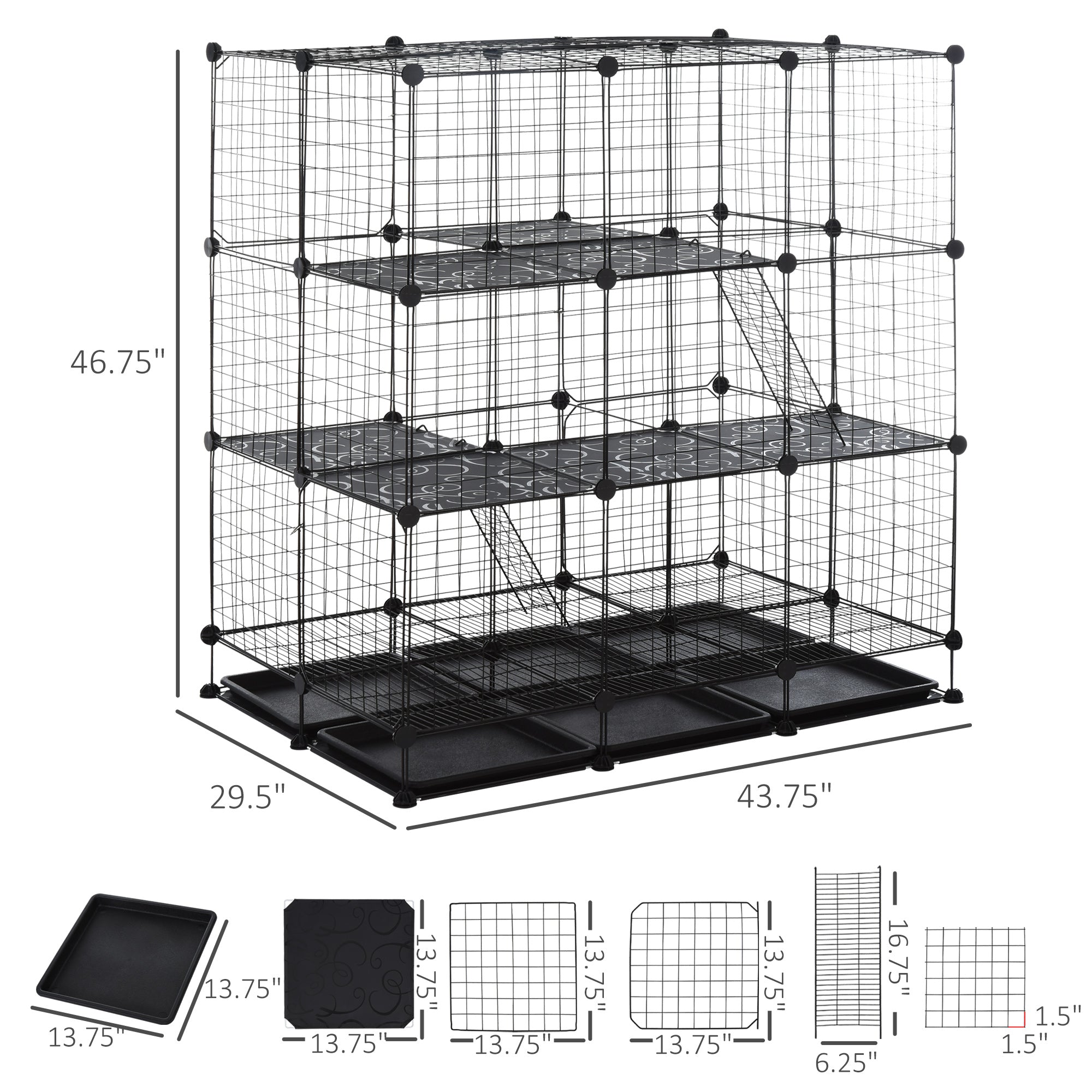 PawHut Small Animal Playpen C&C Cage Wire Bunny Pen for Kitten, Chinchillas, with Doors, Ramps and Trays, Black
