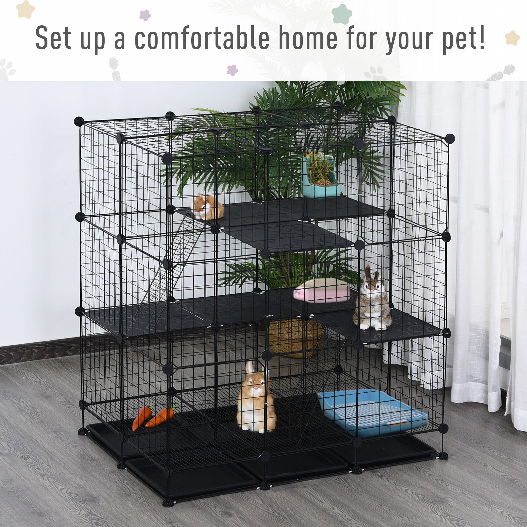 PawHut Small Animal Playpen C&C Cage Wire Bunny Pen for Kitten, Chinchillas, with Doors, Ramps and Trays, Black