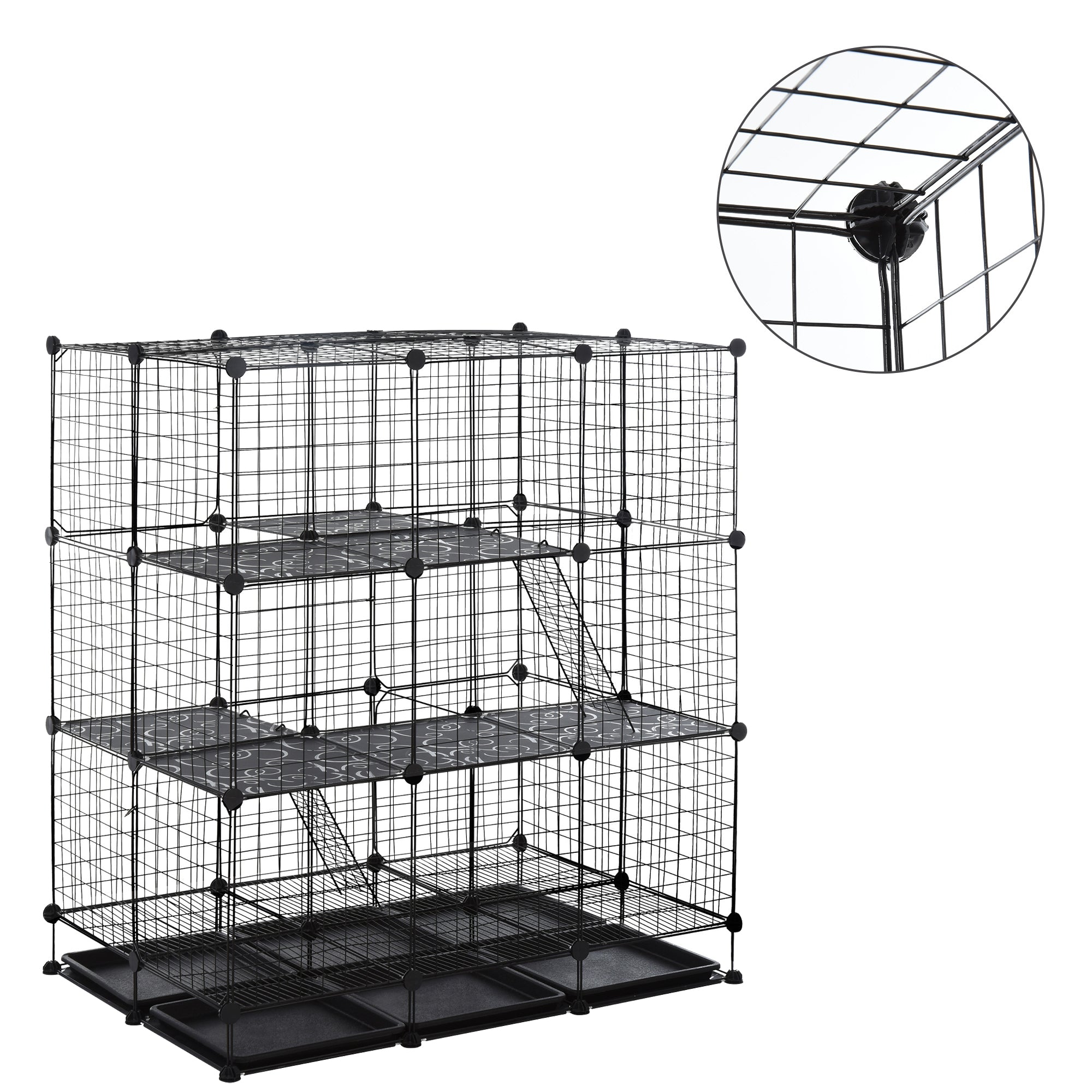 PawHut Small Animal Playpen C&C Cage Wire Bunny Pen for Kitten, Chinchillas, with Doors, Ramps and Trays, Black