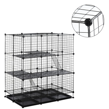PawHut Small Animal Playpen C&C Cage Wire Bunny Pen for Kitten, Chinchillas, with Doors, Ramps and Trays, Black