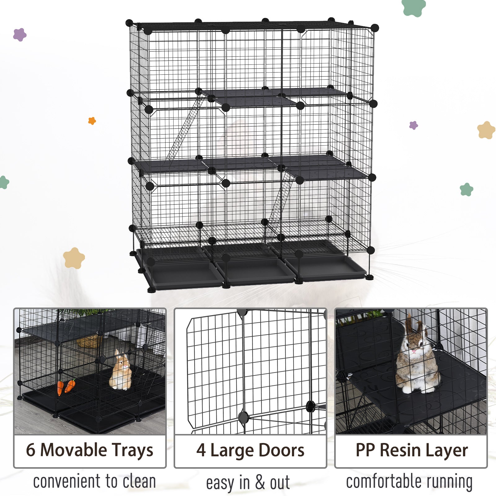 PawHut Small Animal Playpen C&C Cage Wire Bunny Pen for Kitten, Chinchillas, with Doors, Ramps and Trays, Black