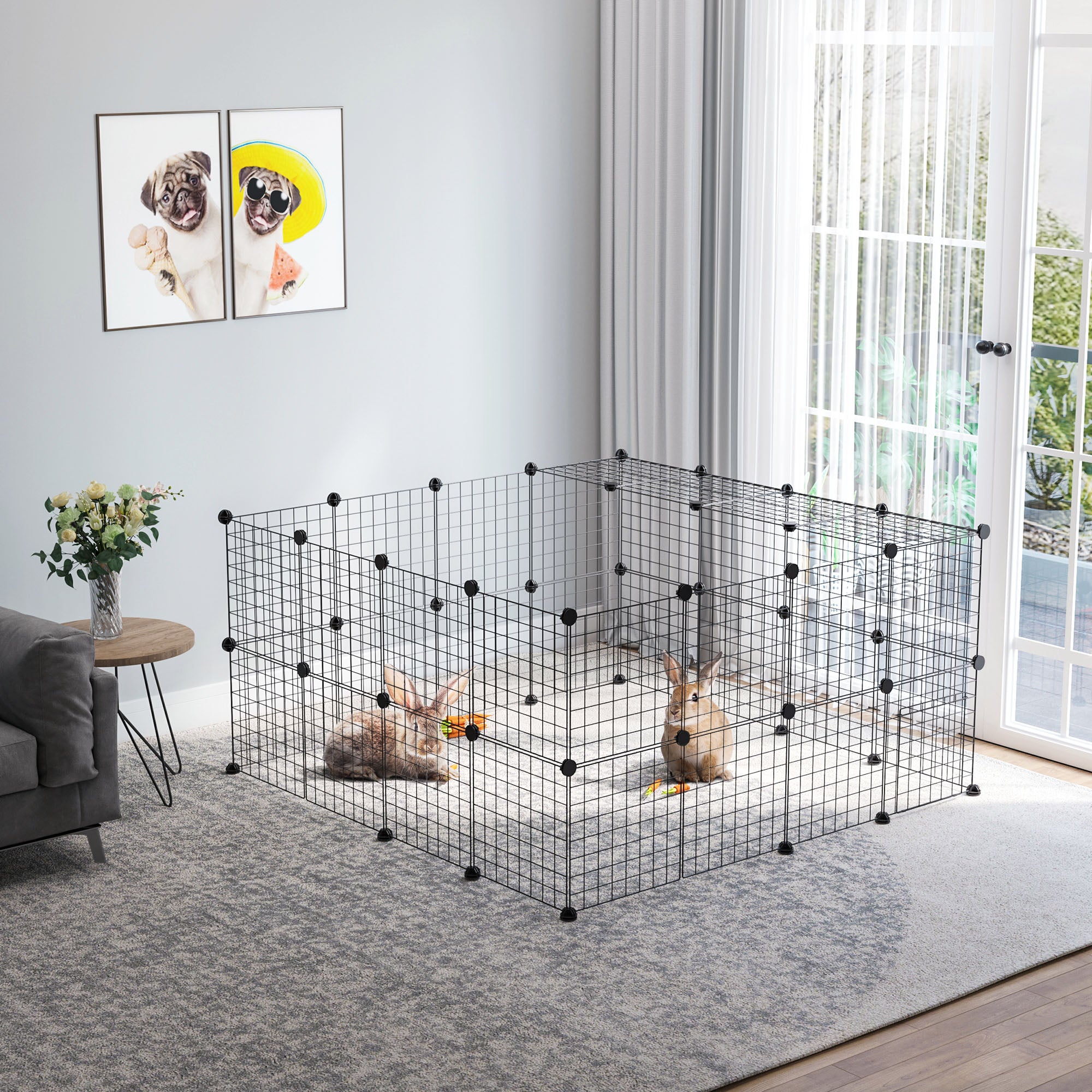 PawHut DIY Pet Playpen Metal Wire Fence Indoor Outdoor Rabbit Small Animals Cage 36 Panel Enclosure Black