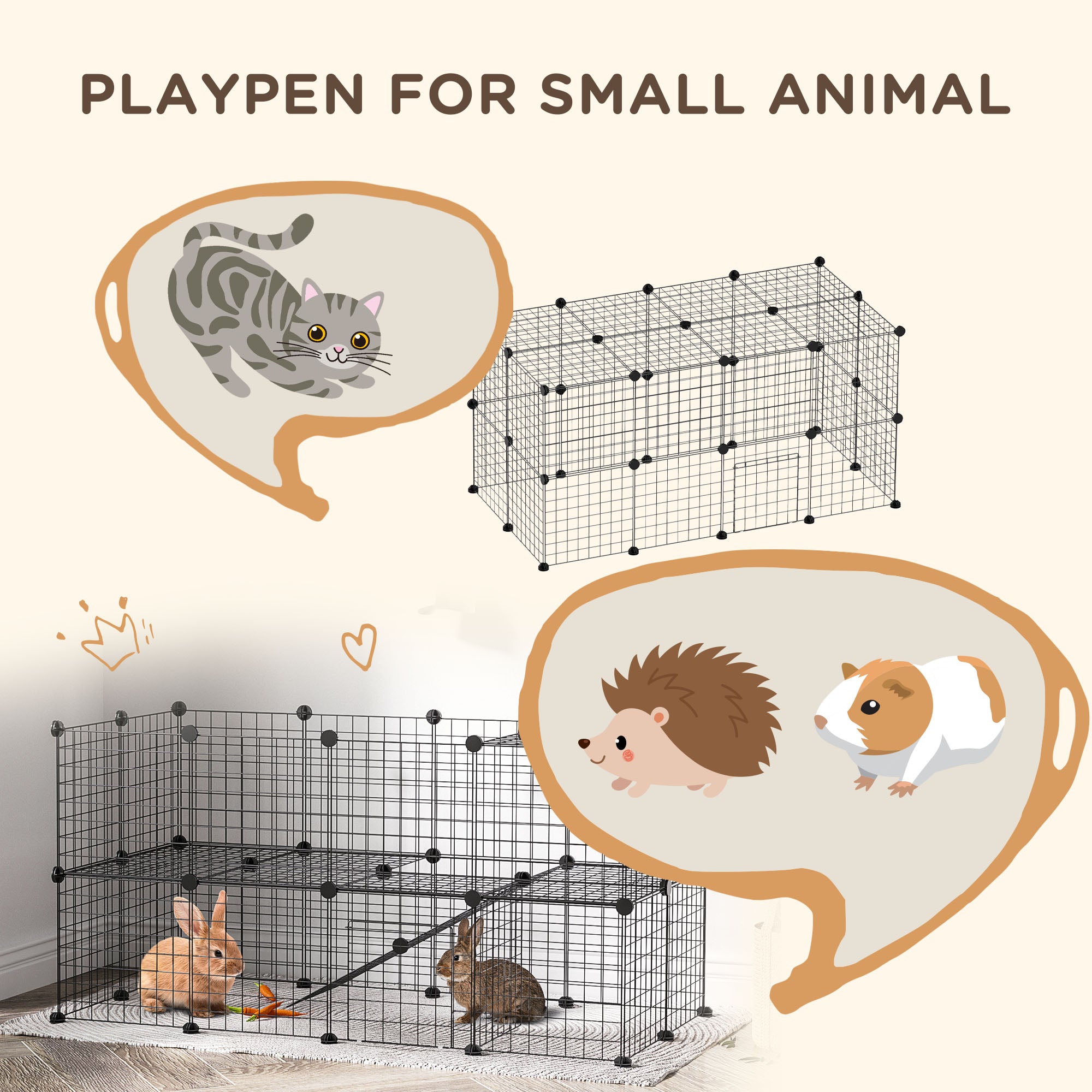 PawHut  Rabbit Cage 36 Panels DIY Pet Playpen Small Animal Cage for Hedgehog Bunny Guinea Pig Chinchilla Ferret Kitten with Mallet Connectors and Cable Ties