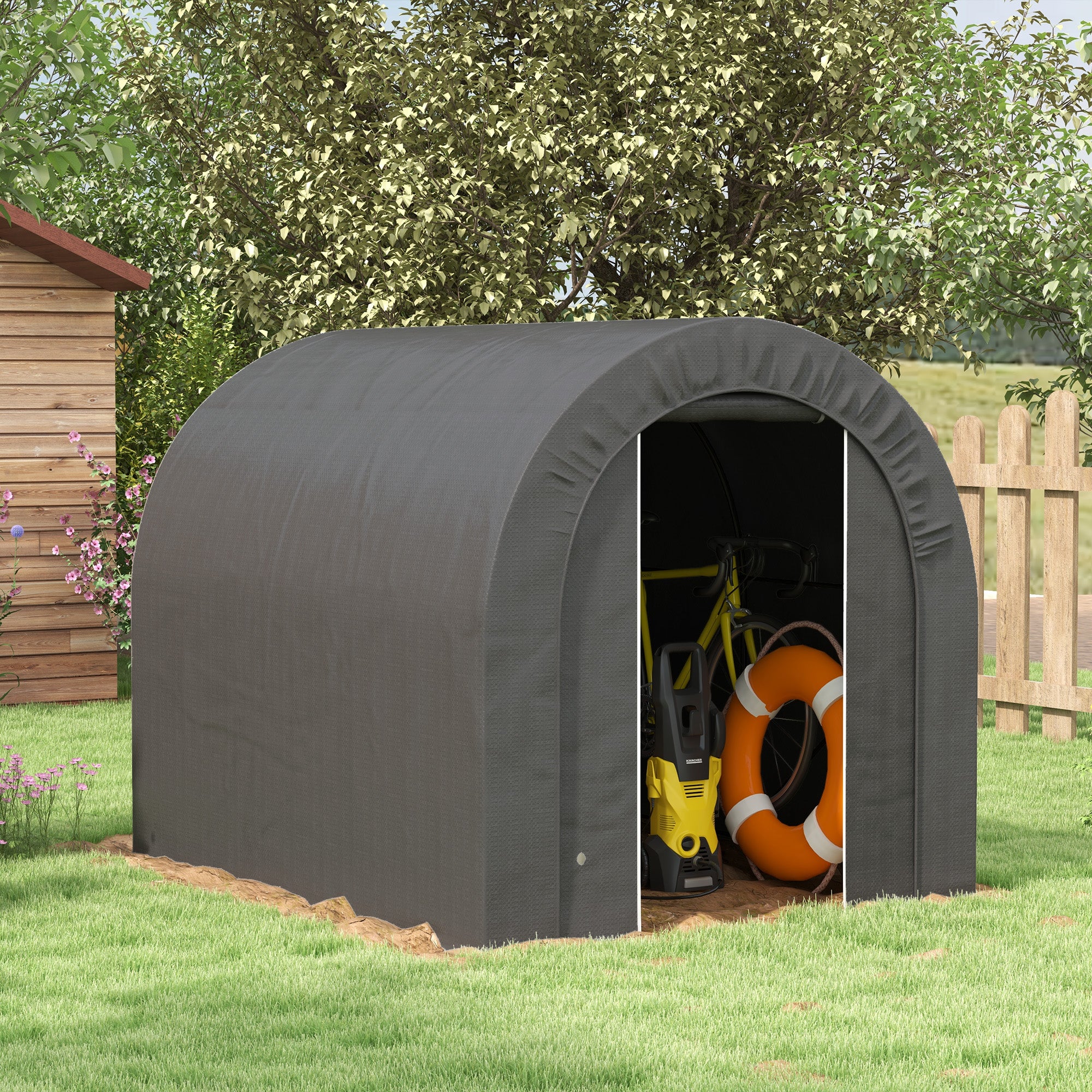 Outsunny 6' x 8' Outdoor Storage Shed Tent, Portable Shed with Galvanised Steel Frame and ZIipper Roll-up Door, Bike Shed Motorcycle Shelter for Patio Garden Tools, Dark Grey