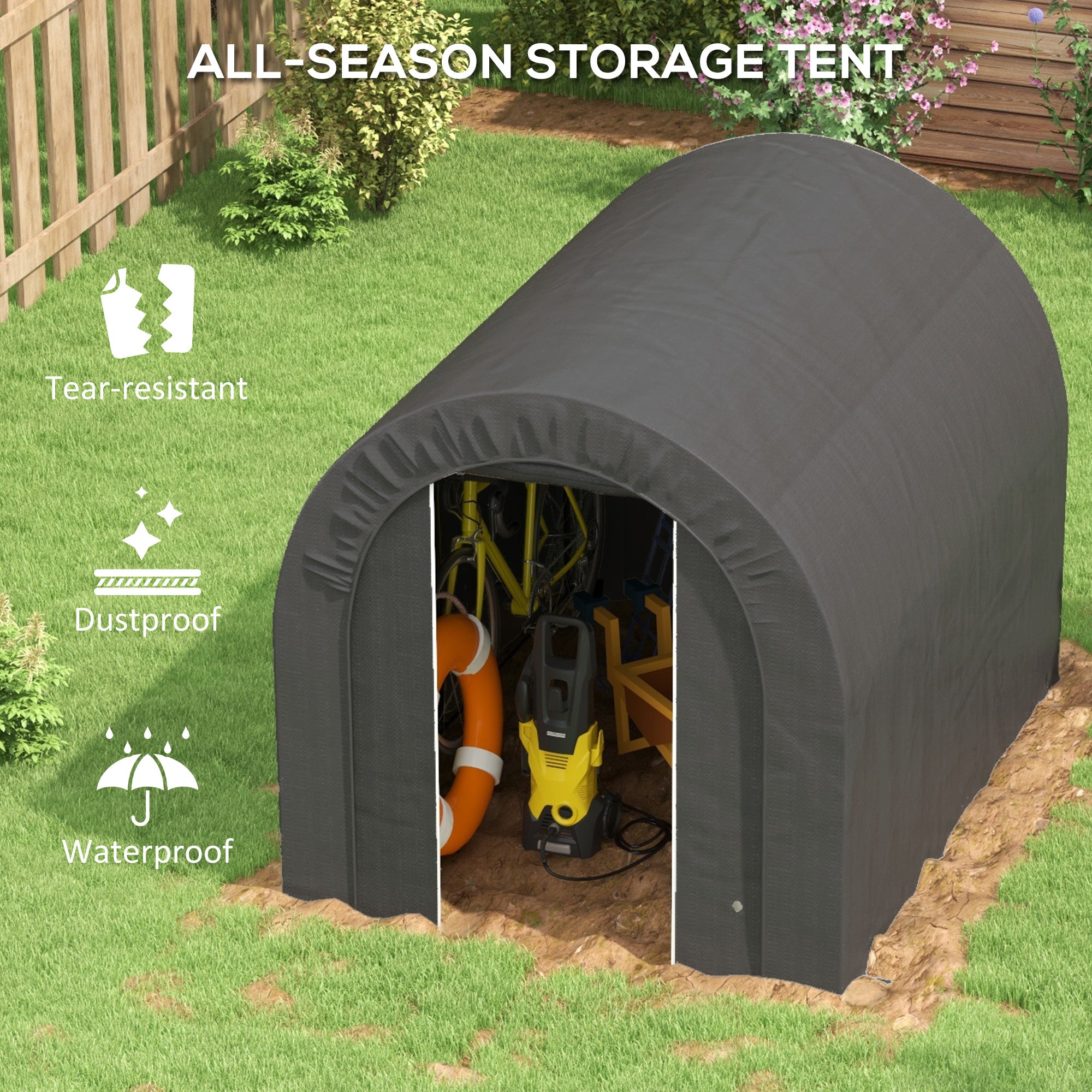 Outsunny 6' x 8' Outdoor Storage Shed Tent, Portable Shed with Galvanised Steel Frame and ZIipper Roll-up Door, Bike Shed Motorcycle Shelter for Patio Garden Tools, Dark Grey