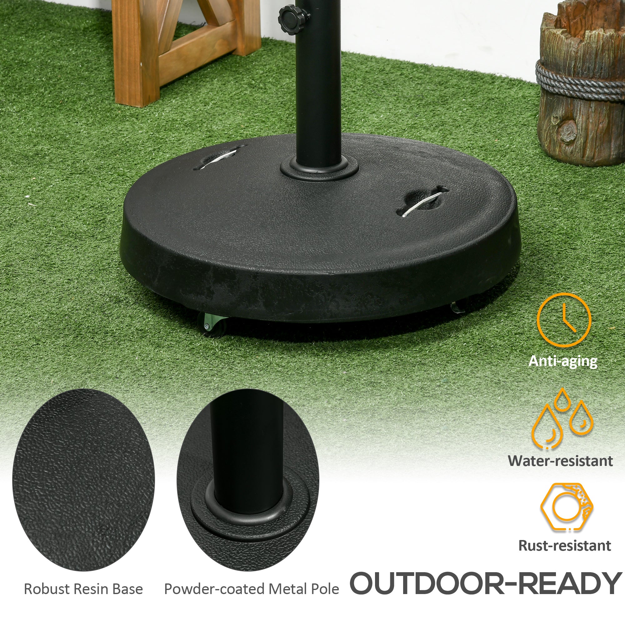 Outsunny Patio Umbrella Base with 4 Lockable Wheels, 51 lb Heavy Duty Market Umbrella Stand with 2 Retractable Handles for Outdoor, Garden, Backyard, Black