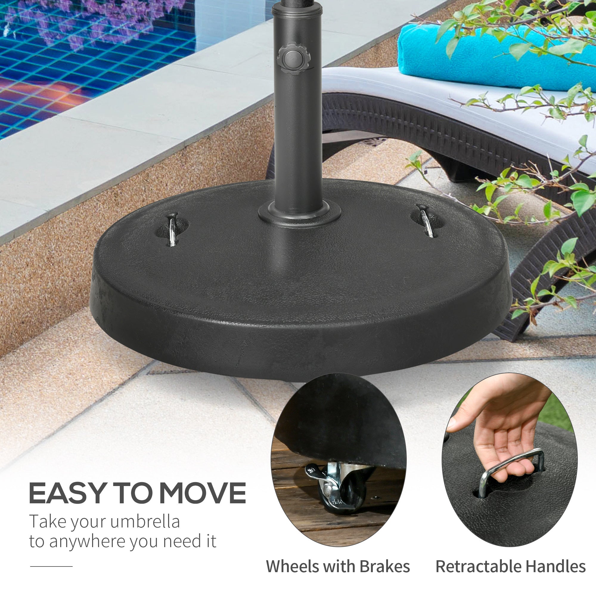 Outsunny Patio Umbrella Base with 4 Lockable Wheels, 51 lb Heavy Duty Market Umbrella Stand with 2 Retractable Handles for Outdoor, Garden, Backyard, Black