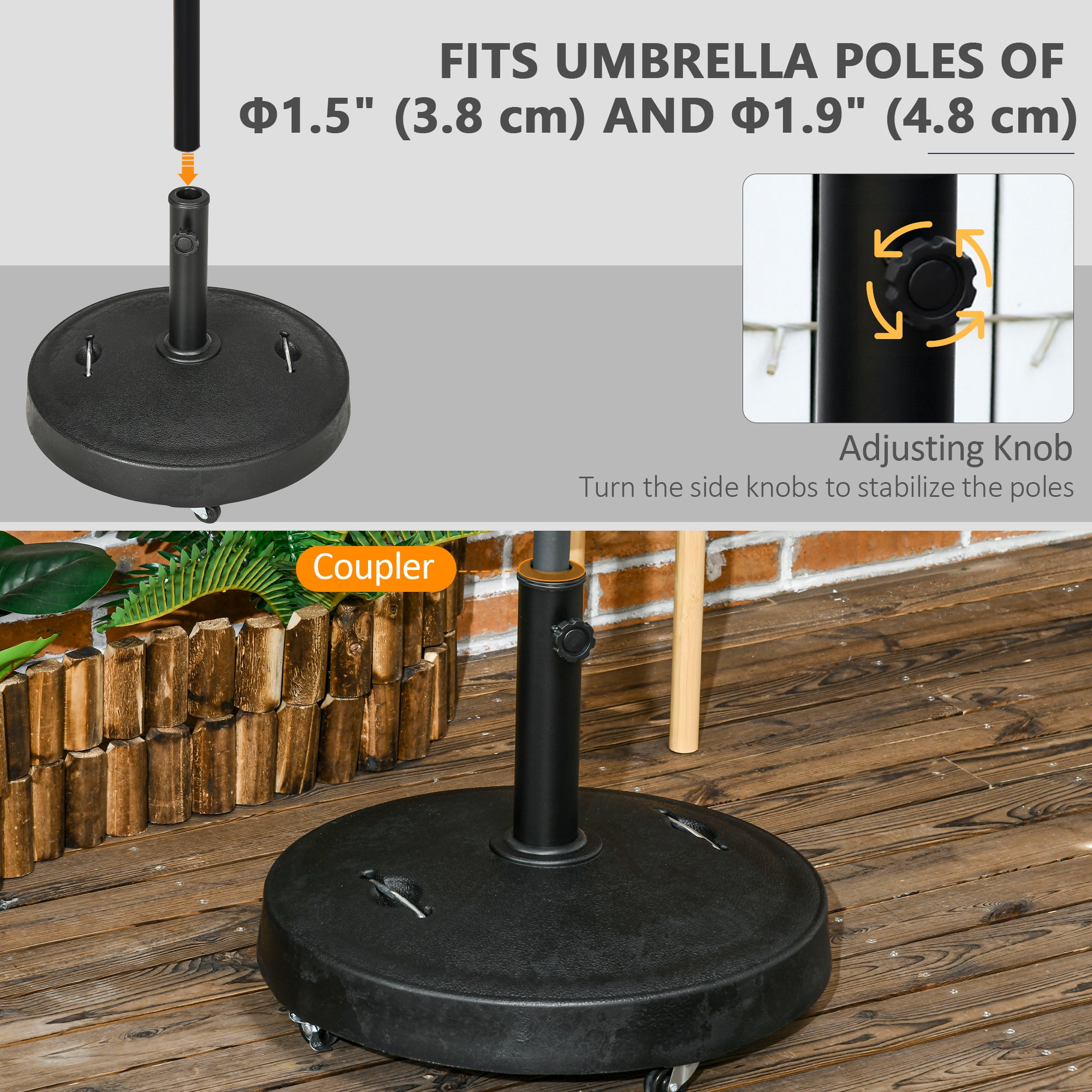 Outsunny Patio Umbrella Base with 4 Lockable Wheels, 51 lb Heavy Duty Market Umbrella Stand with 2 Retractable Handles for Outdoor, Garden, Backyard, Black