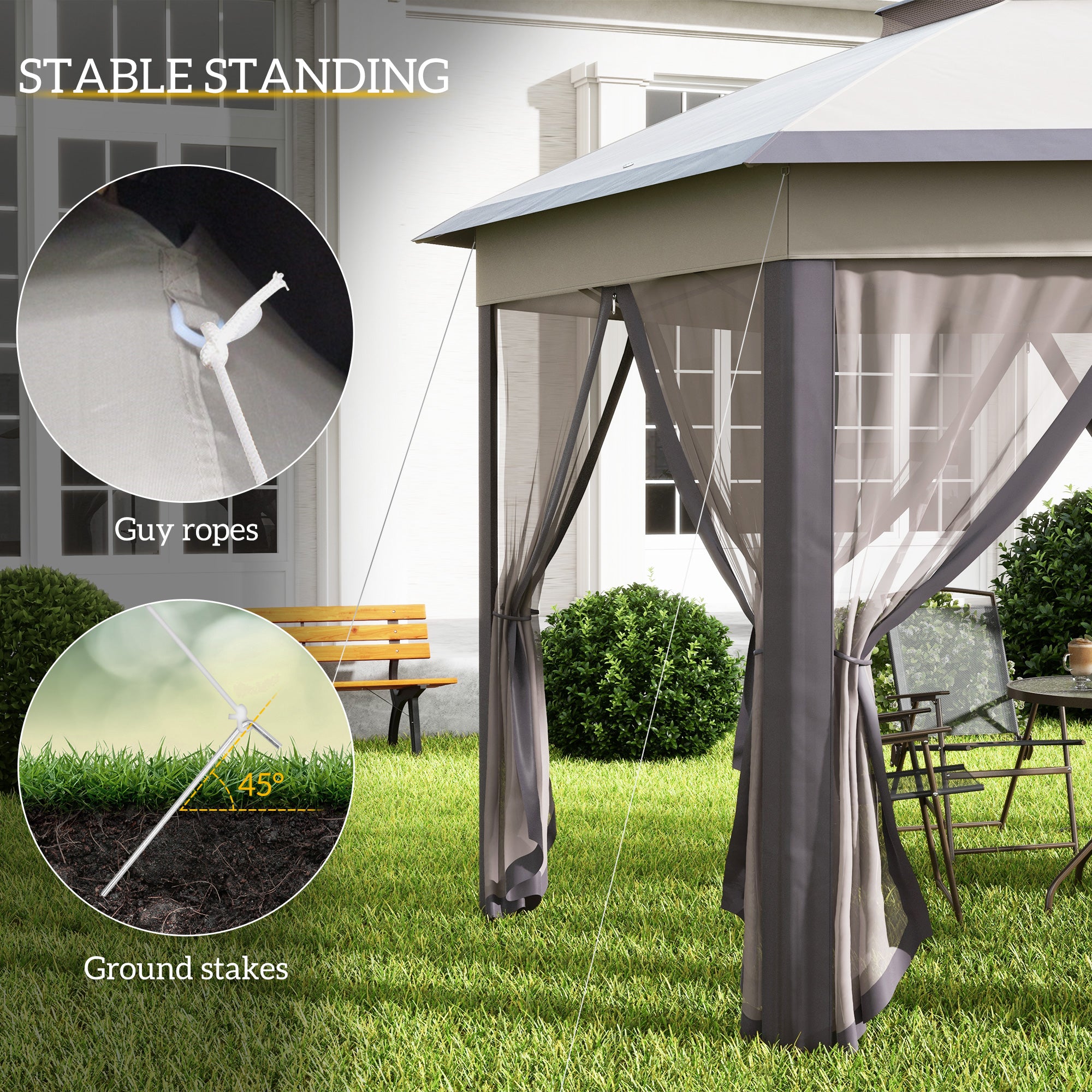 Outsunny 13' x 13' Pop Up Canopy Tent with Netting and Carry Bag, Instant Sun Shelter, Hexagon Tents for Parties, Outdoor, Garden, Patio, Coffee and Beige