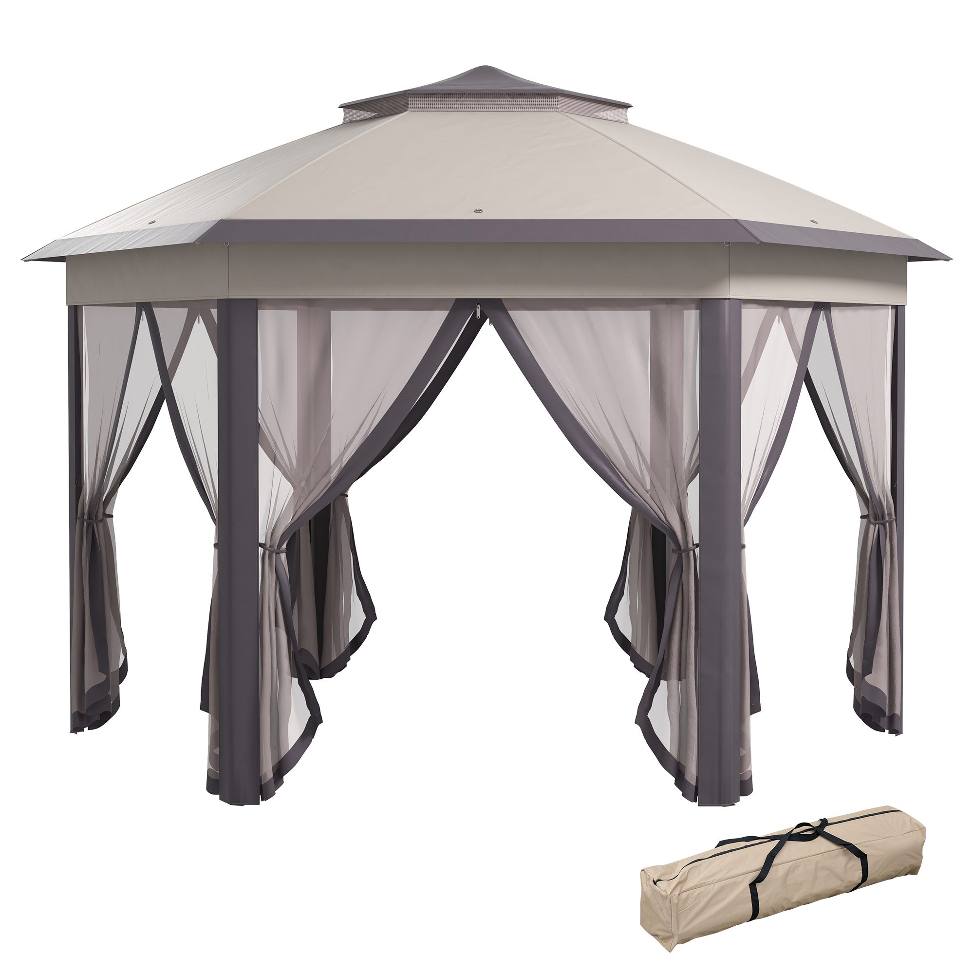 Outsunny 13' x 13' Pop Up Canopy Tent with Netting and Carry Bag, Instant Sun Shelter, Hexagon Tents for Parties, Outdoor, Garden, Patio, Coffee and Beige