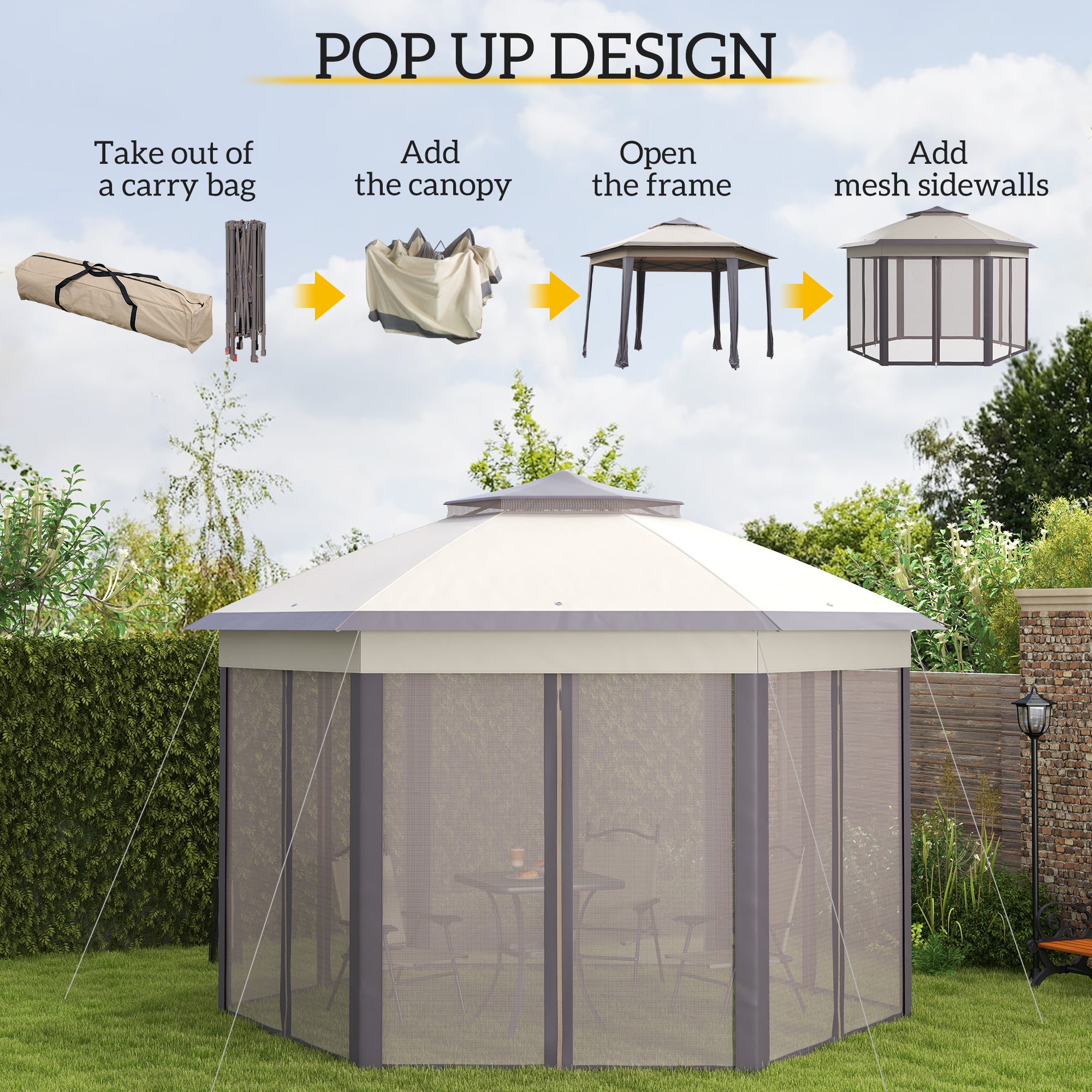 Outsunny 13' x 13' Pop Up Canopy Tent with Netting and Carry Bag, Instant Sun Shelter, Hexagon Tents for Parties, Outdoor, Garden, Patio, Coffee and Beige