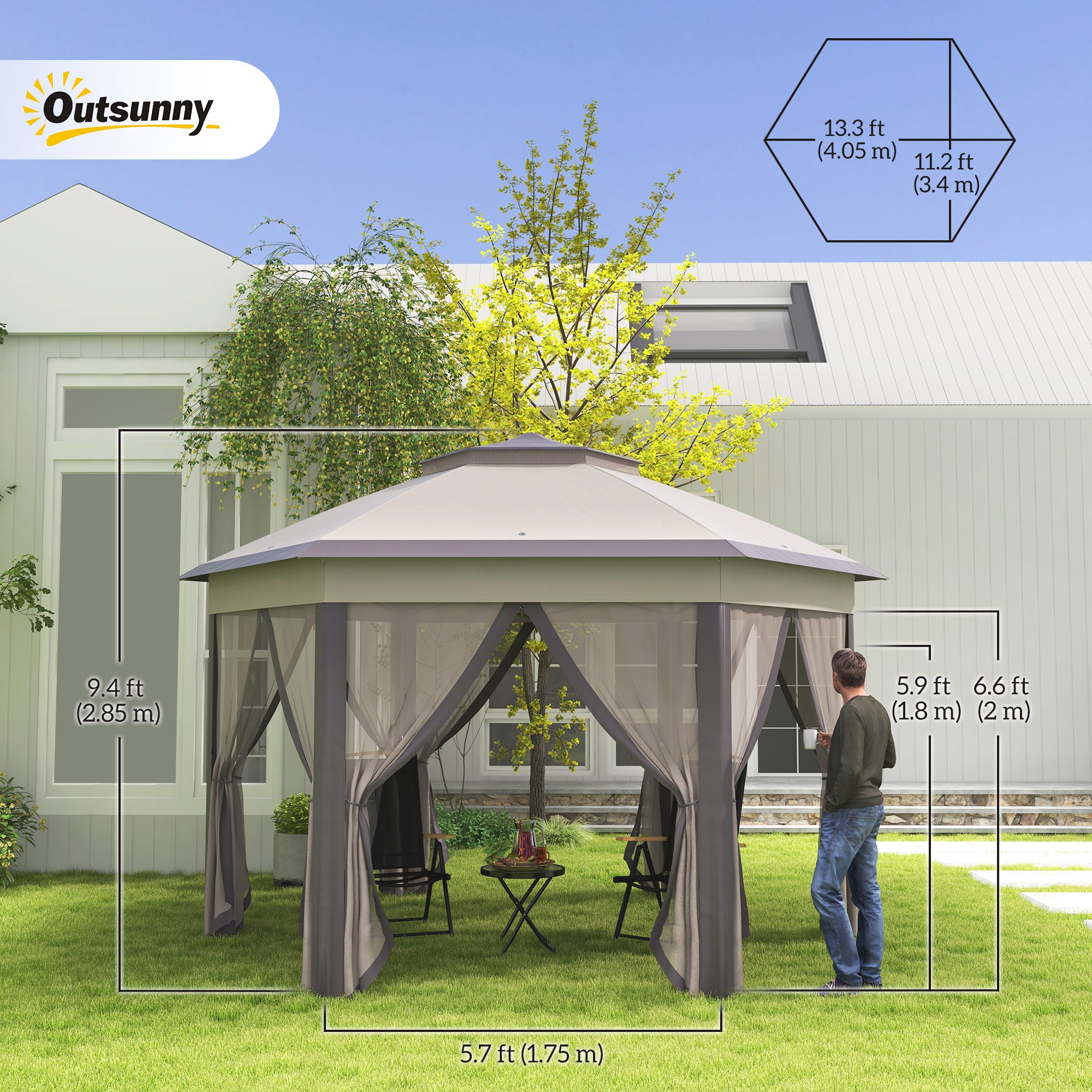 Outsunny 13' x 13' Pop Up Canopy Tent with Netting and Carry Bag, Instant Sun Shelter, Hexagon Tents for Parties, Outdoor, Garden, Patio, Coffee and Beige