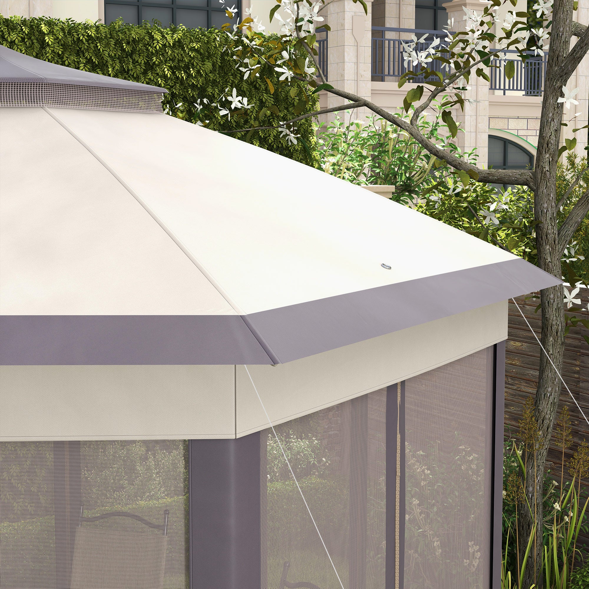 Outsunny 13' x 13' Pop Up Canopy Tent with Netting and Carry Bag, Instant Sun Shelter, Hexagon Tents for Parties, Outdoor, Garden, Patio, Coffee and Beige