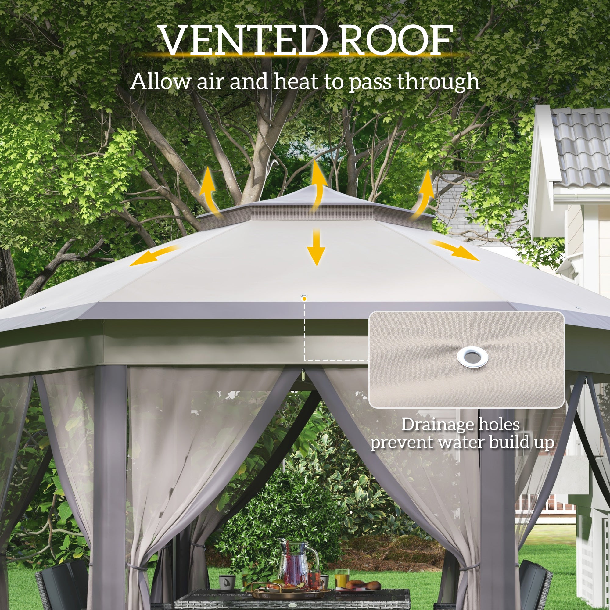 Outsunny 13' x 13' Pop Up Canopy Tent with Netting and Carry Bag, Instant Sun Shelter, Hexagon Tents for Parties, Outdoor, Garden, Patio, Coffee and Beige