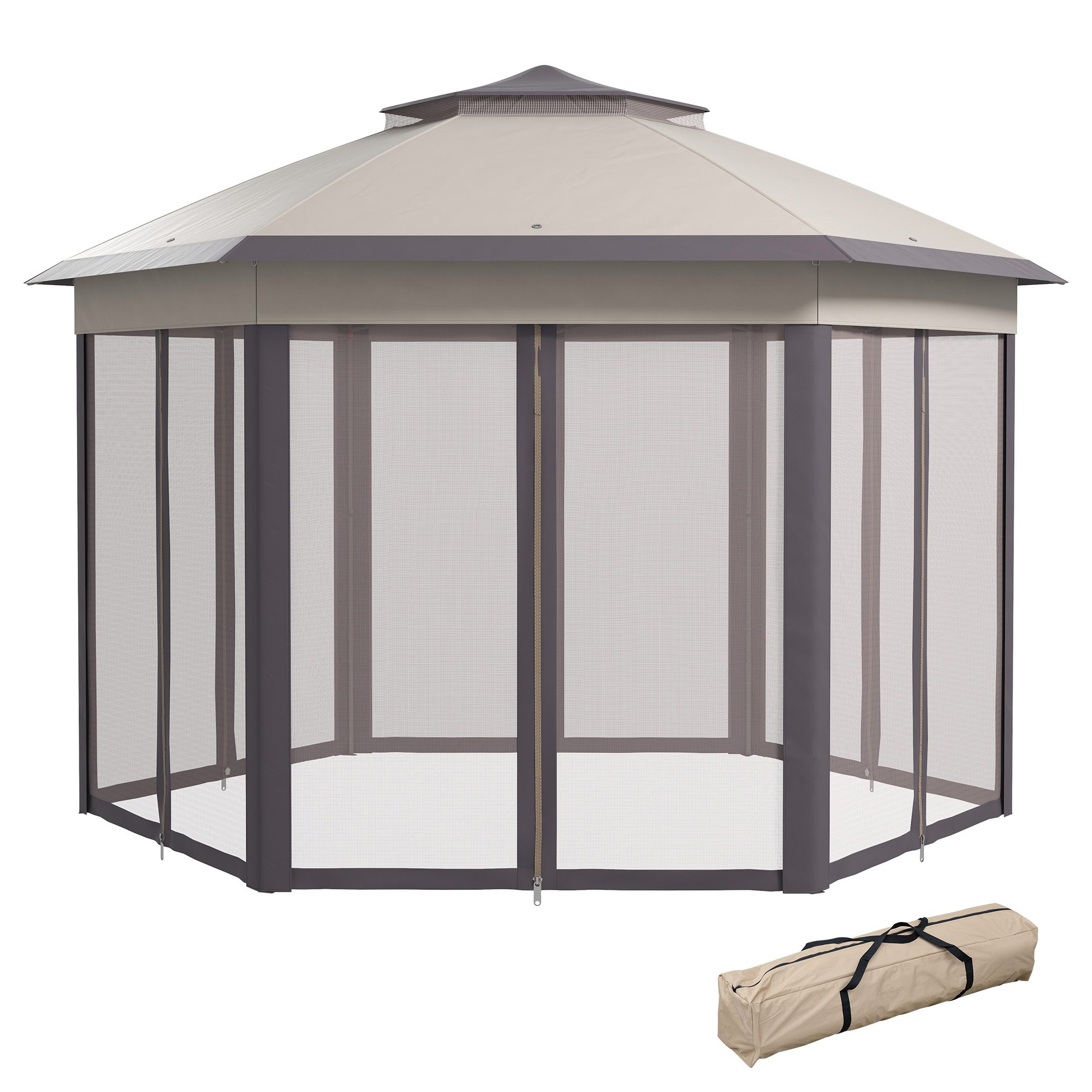 Outsunny 13' x 13' Pop Up Canopy Tent with Netting and Carry Bag, Instant Sun Shelter, Hexagon Tents for Parties, Outdoor, Garden, Patio, Coffee and Beige