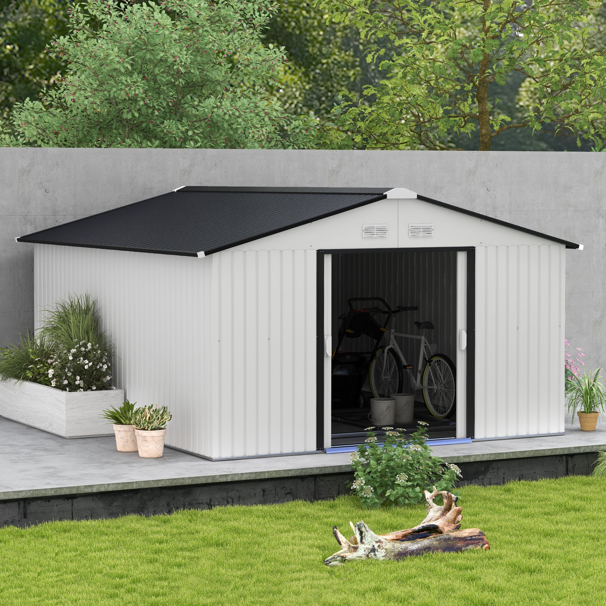Outsunny 11' x 13' Garden Storage Shed with Foundation Kit, Metal Tool Storage House with Double Doors for Outdoor Patio Yard, White