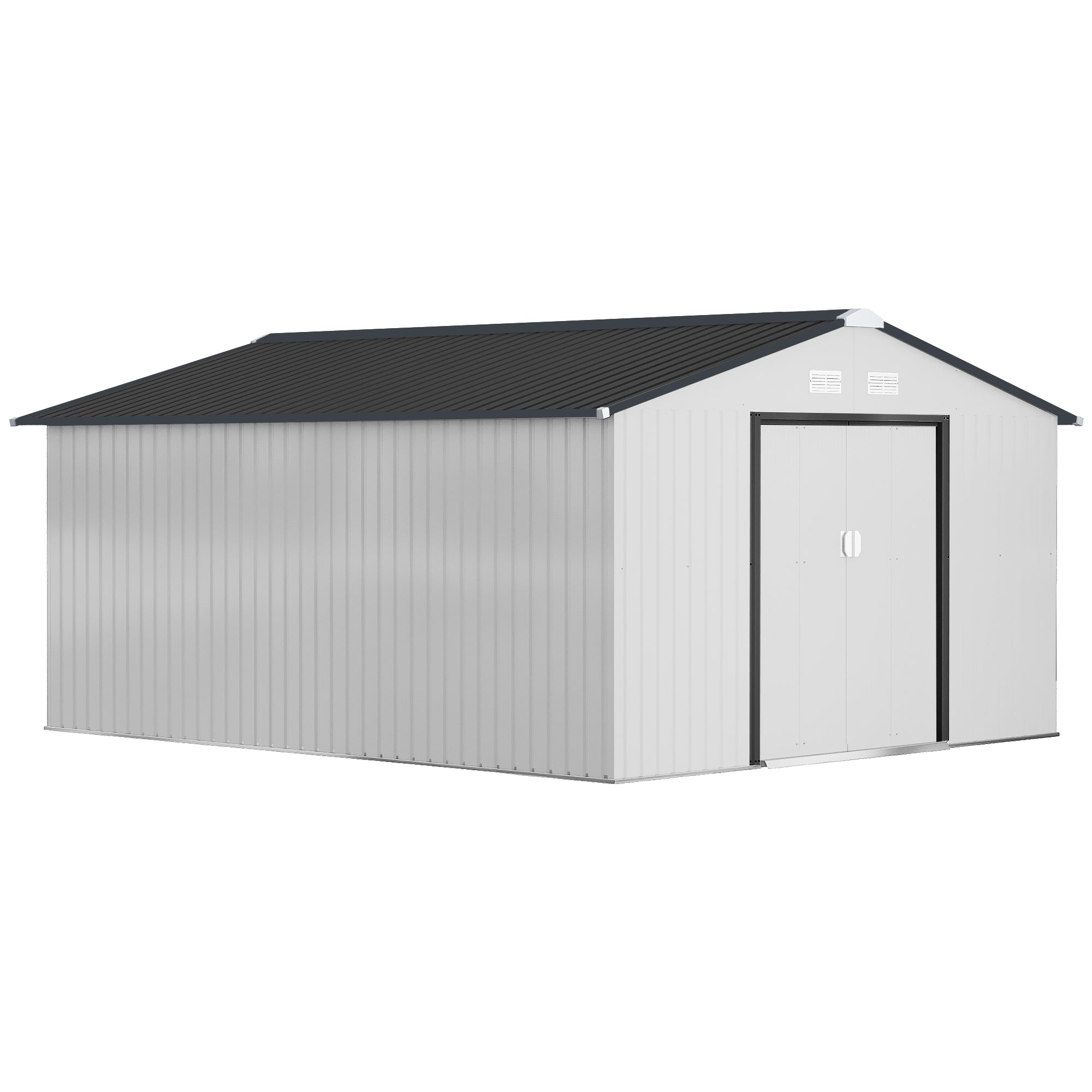 Outsunny 11' x 13' Garden Storage Shed with Foundation Kit, Metal Tool Storage House with Double Doors for Outdoor Patio Yard, White