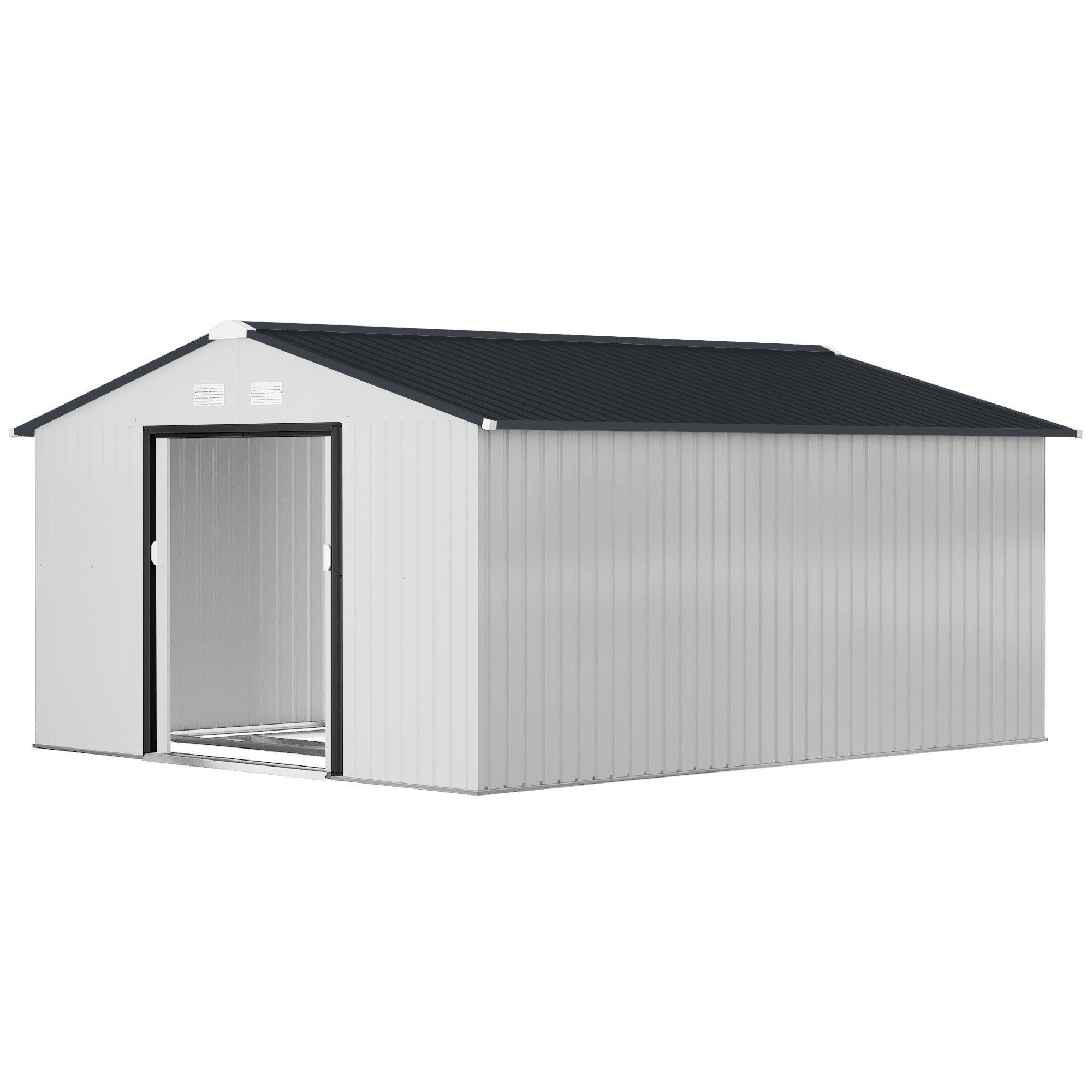 Outsunny 11' x 13' Garden Storage Shed with Foundation Kit, Metal Tool Storage House with Double Doors for Outdoor Patio Yard, White