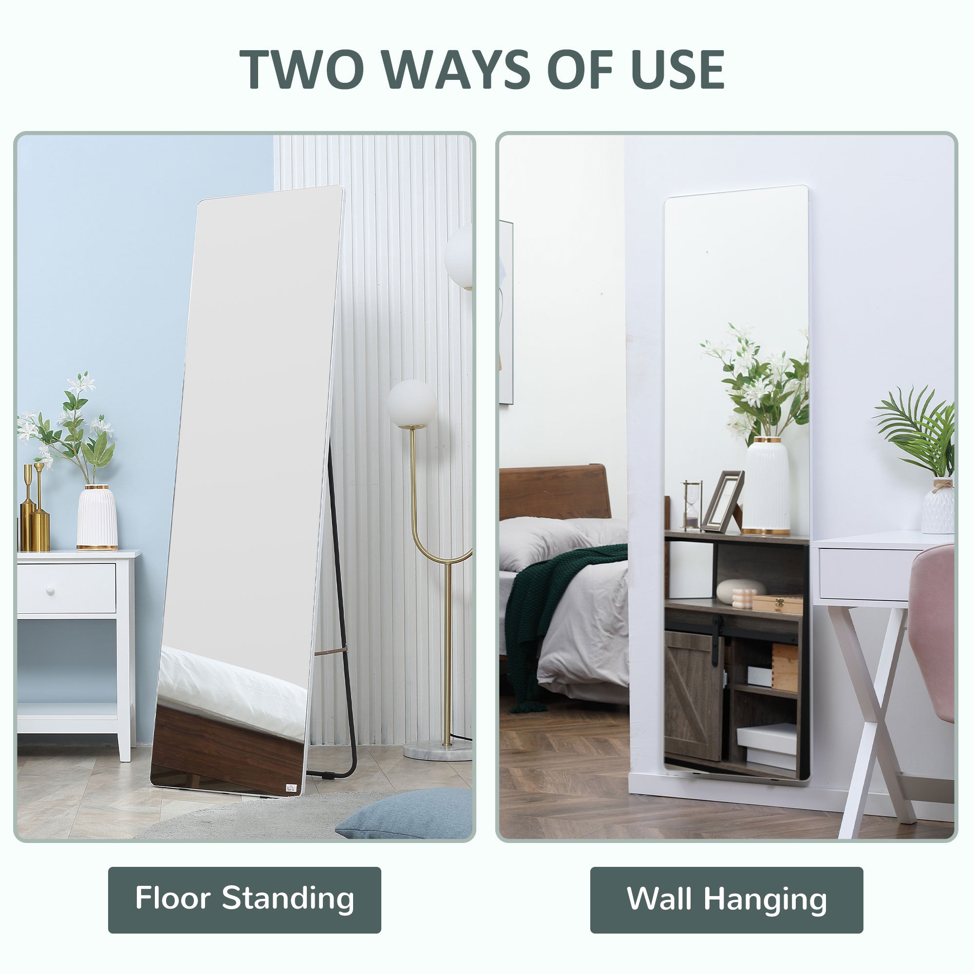 HOMCOM 63"x18" Full Length Mirror, Floor Standing, Wall-Mounted or Leaning Against Wall Tall Mirror with Support Frame, Rectangular Full Body Mirror for Bedroom, Living Room, Silver