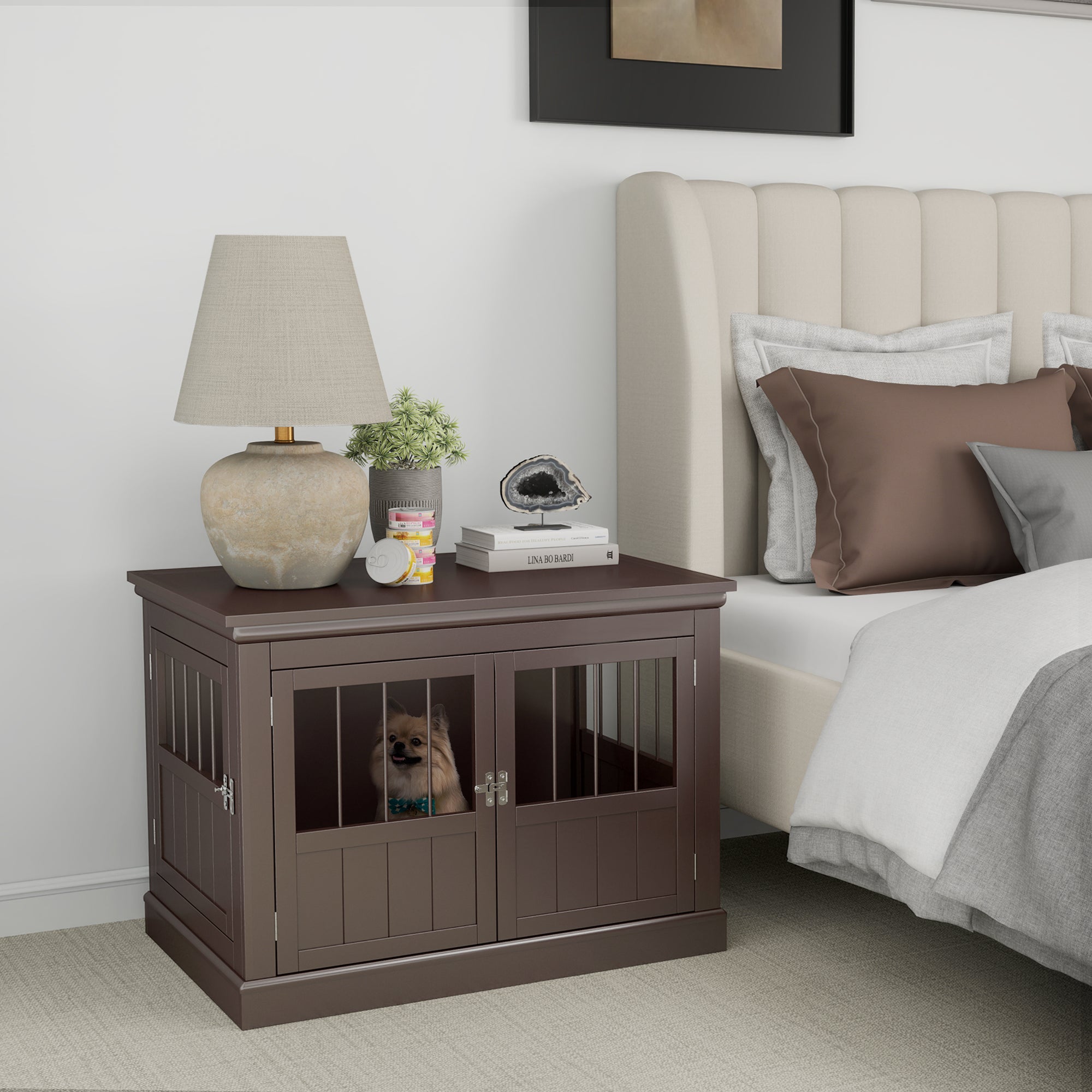 PawHut Dog Crate Furniture, 31" Dog Kennel Side End Table with Three Doors, Indoor Dog Cage for Small Dogs, Coffee