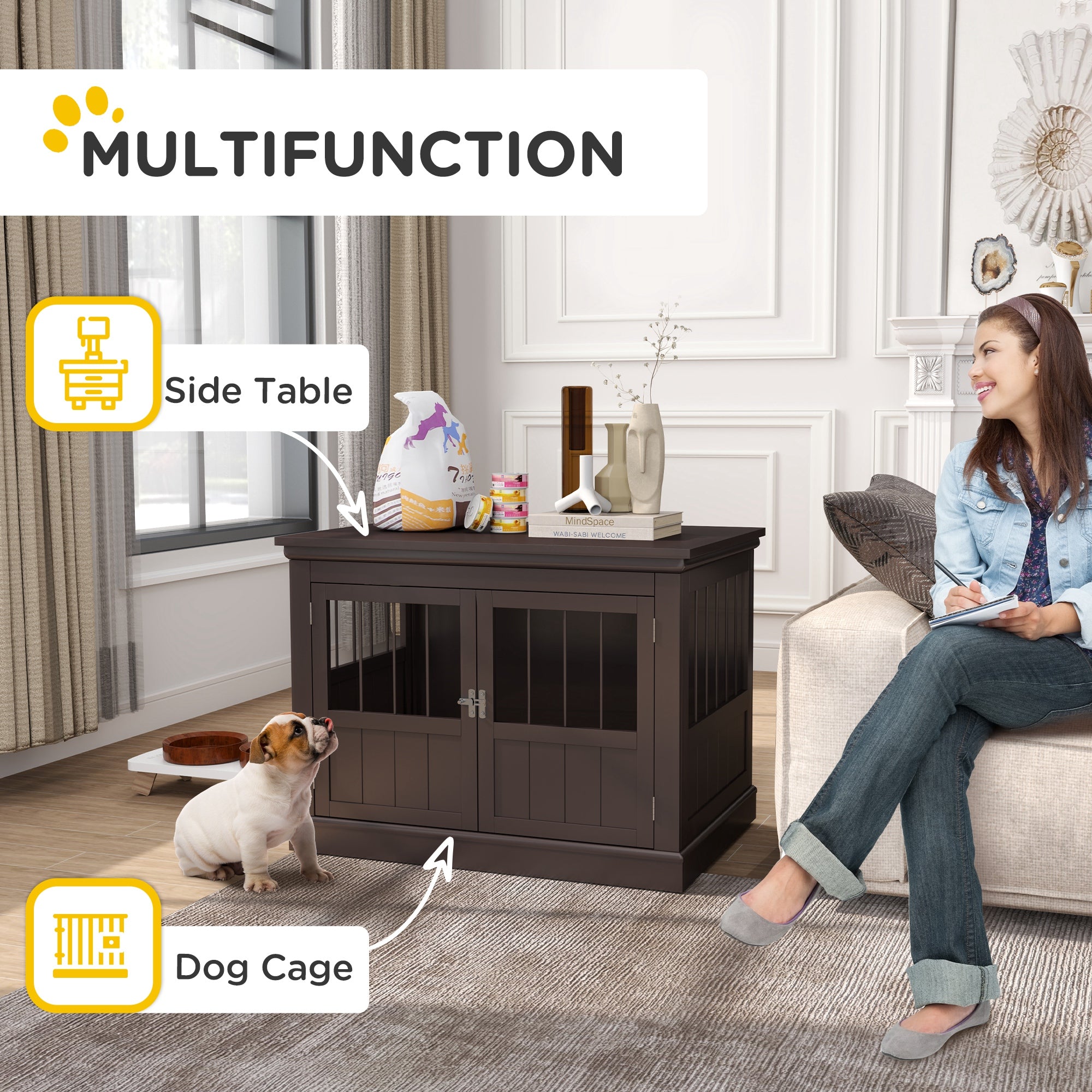 PawHut Dog Crate Furniture, 31" Dog Kennel Side End Table with Three Doors, Indoor Dog Cage for Small Dogs, Coffee