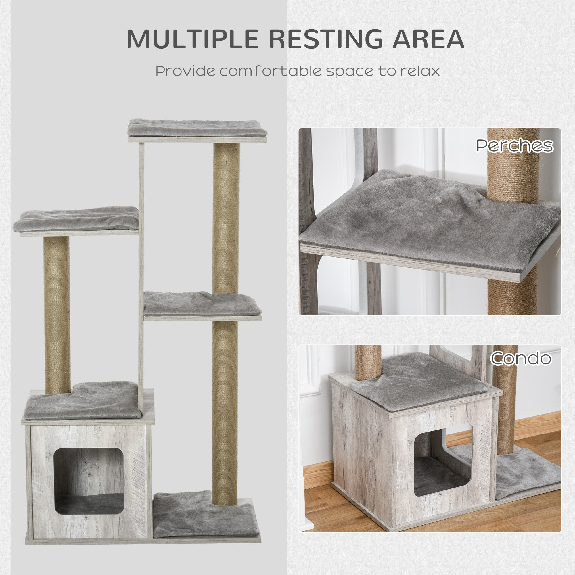 PawHut 114cm Cat Tree for Indoor Cats, with Cat House, Jute Scratching Post, Cat Tower Kitten Play House, Activity Centre - Grey
