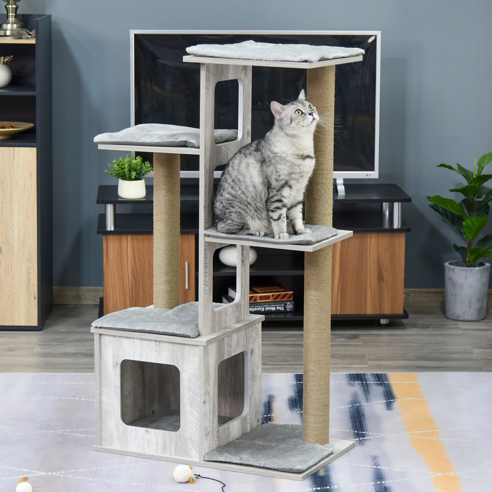 PawHut 114cm Cat Tree for Indoor Cats, with Cat House, Jute Scratching Post, Cat Tower Kitten Play House, Activity Centre - Grey