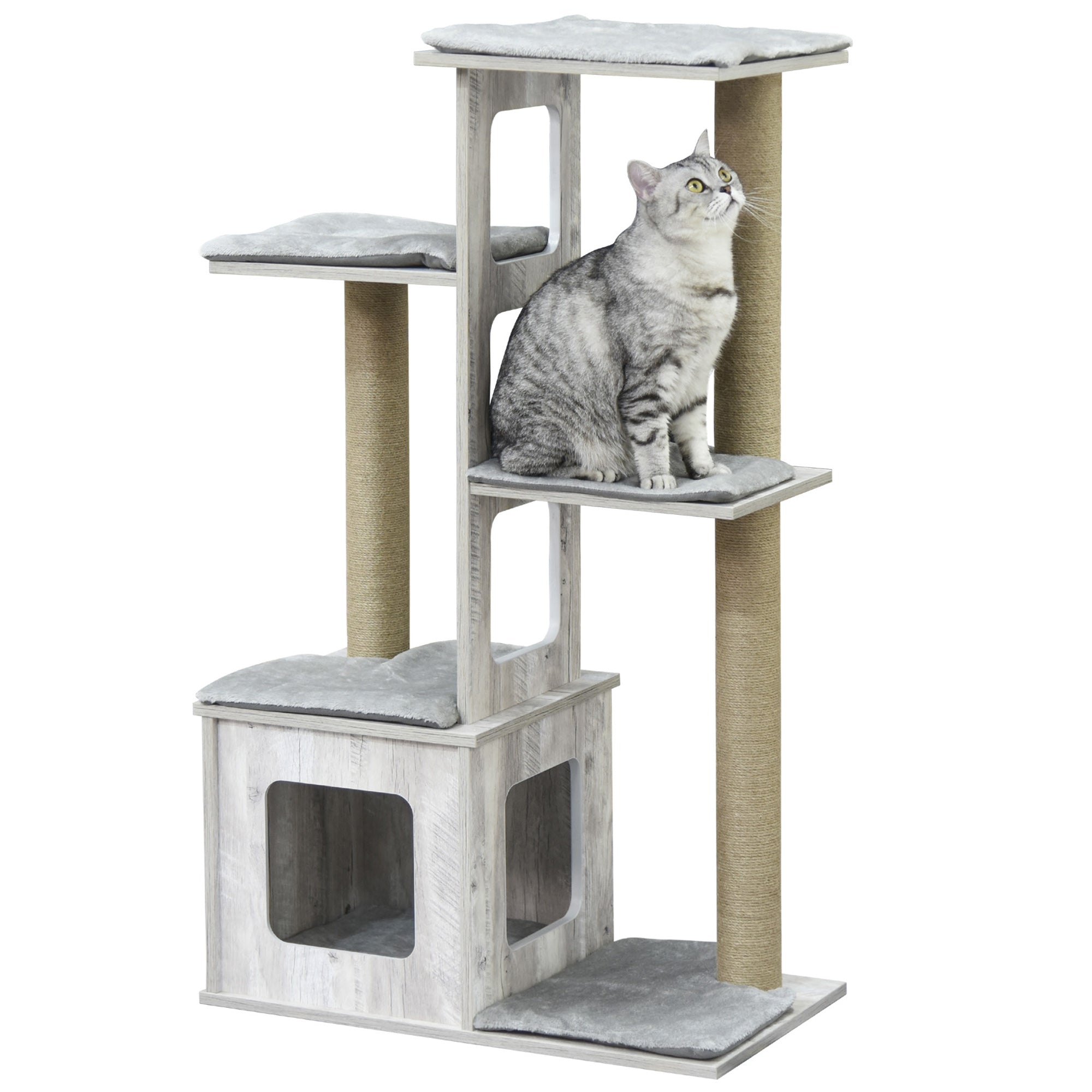 PawHut 114cm Cat Tree for Indoor Cats, with Cat House, Jute Scratching Post, Cat Tower Kitten Play House, Activity Centre - Grey
