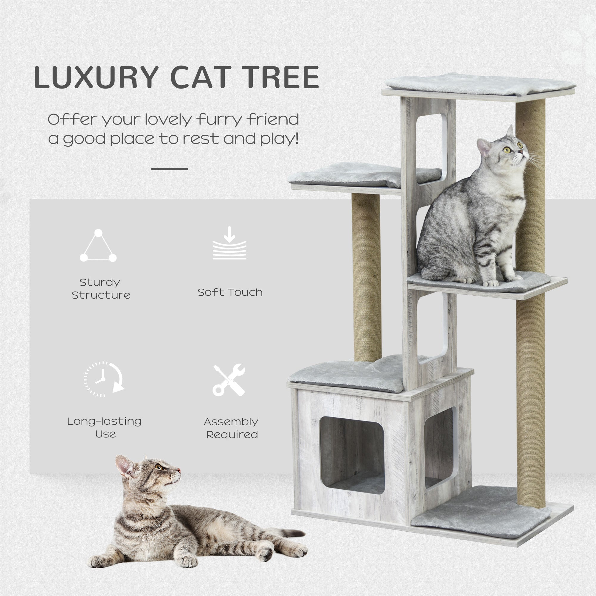 PawHut 114cm Cat Tree for Indoor Cats, with Cat House, Jute Scratching Post, Cat Tower Kitten Play House, Activity Centre - Grey