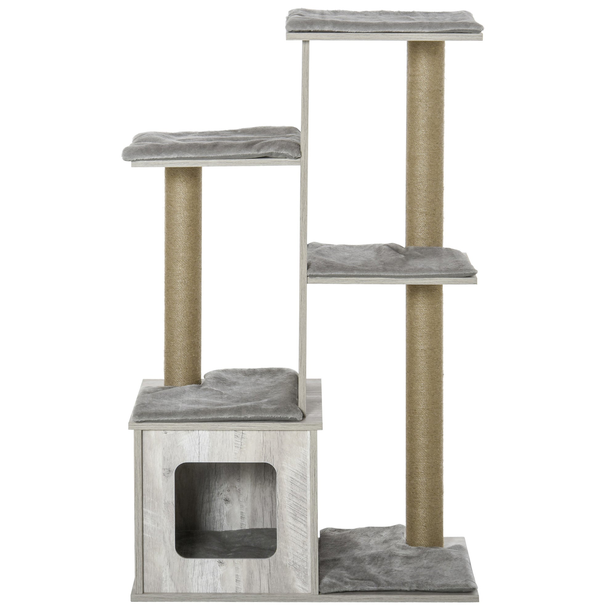 PawHut 114cm Cat Tree for Indoor Cats, with Cat House, Jute Scratching Post, Cat Tower Kitten Play House, Activity Centre - Grey