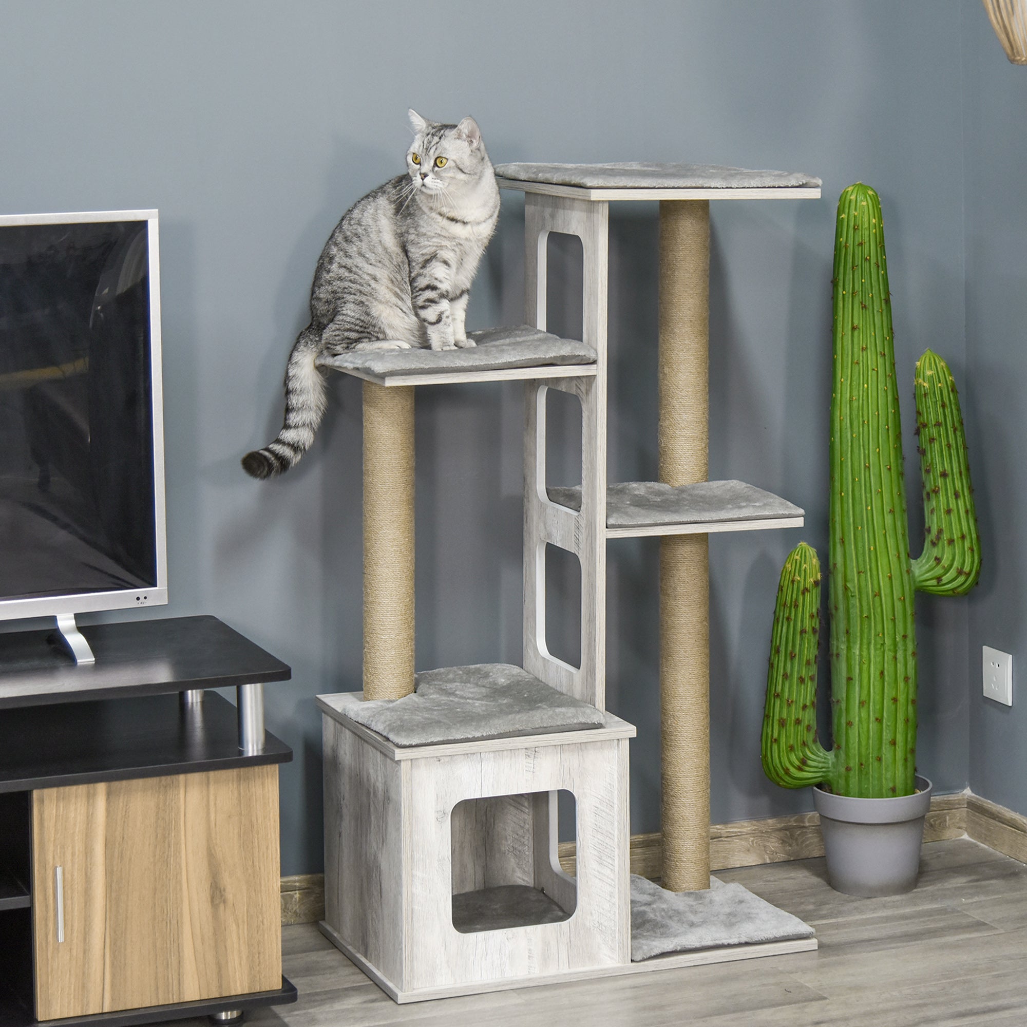 PawHut 114cm Cat Tree for Indoor Cats, with Cat House, Jute Scratching Post, Cat Tower Kitten Play House, Activity Centre - Grey