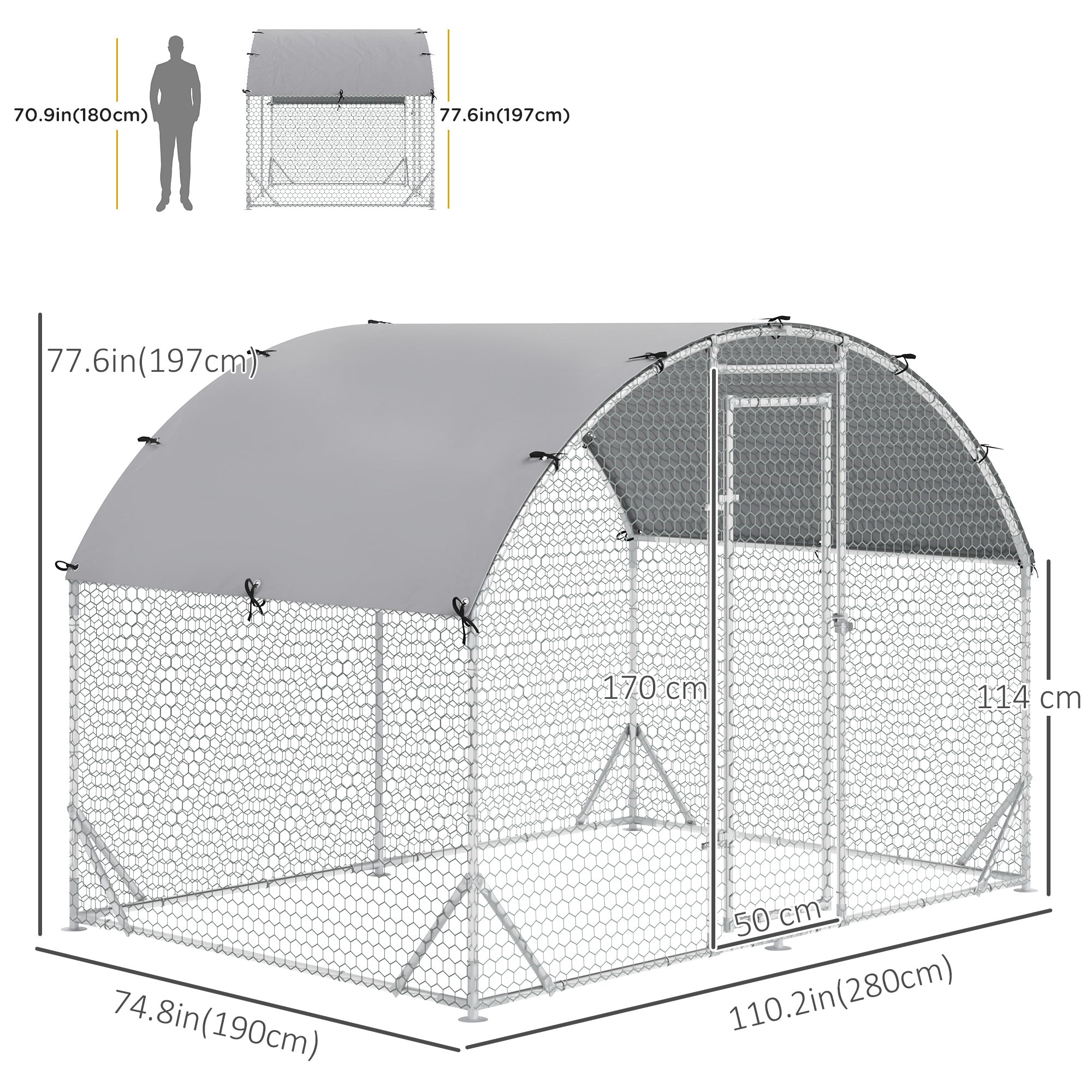 PawHut Galvanized Large Metal Chicken Coop Cage Walk-in Enclosure Poultry Hen Run House Playpen Rabbit Hutch with Cover for Outdoor Backyard 9.2' x 6.2' x 6.5' Silver