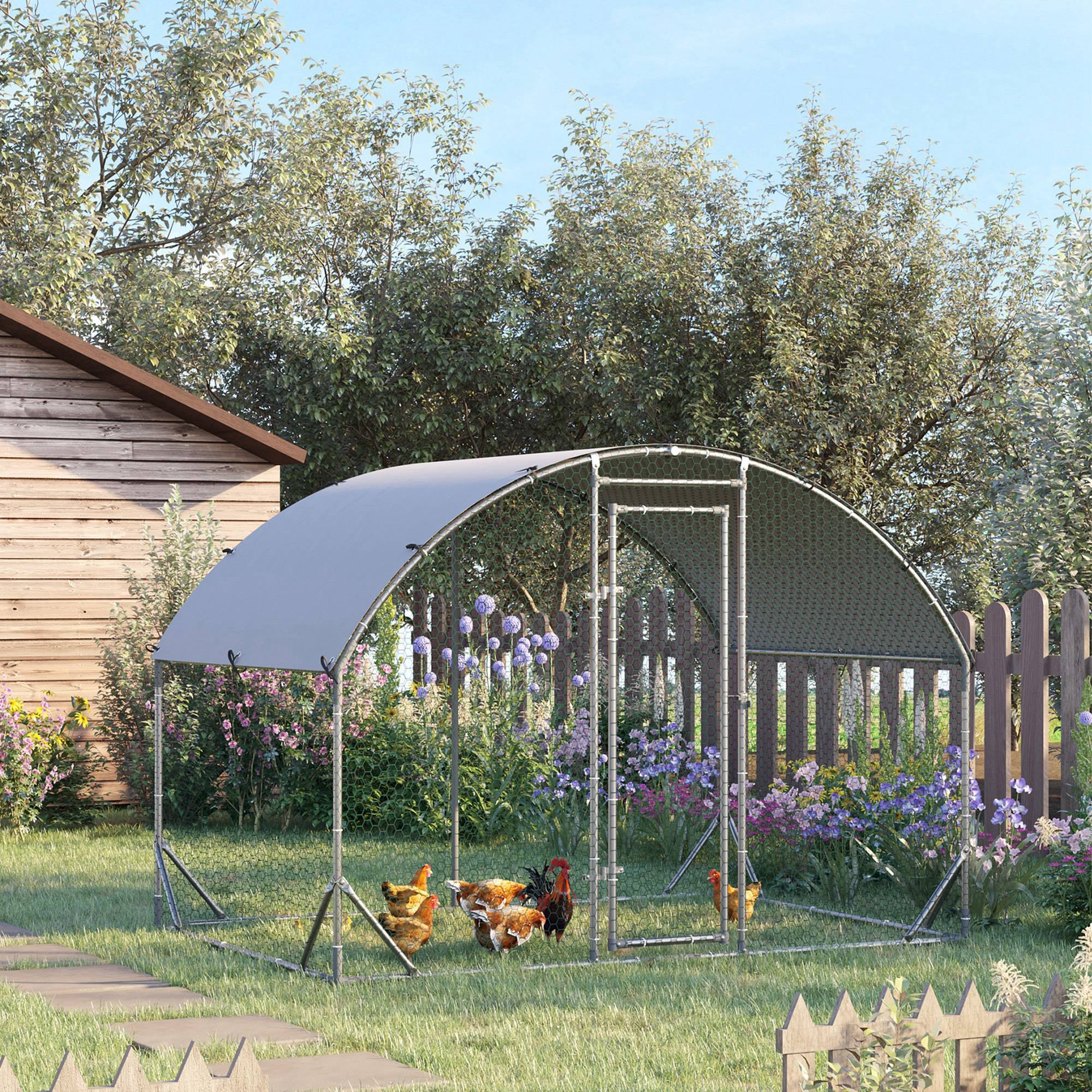 PawHut Galvanized Large Metal Chicken Coop Cage Walk-in Enclosure Poultry Hen Run House Playpen Rabbit Hutch with Cover for Outdoor Backyard 9.2' x 6.2' x 6.5' Silver