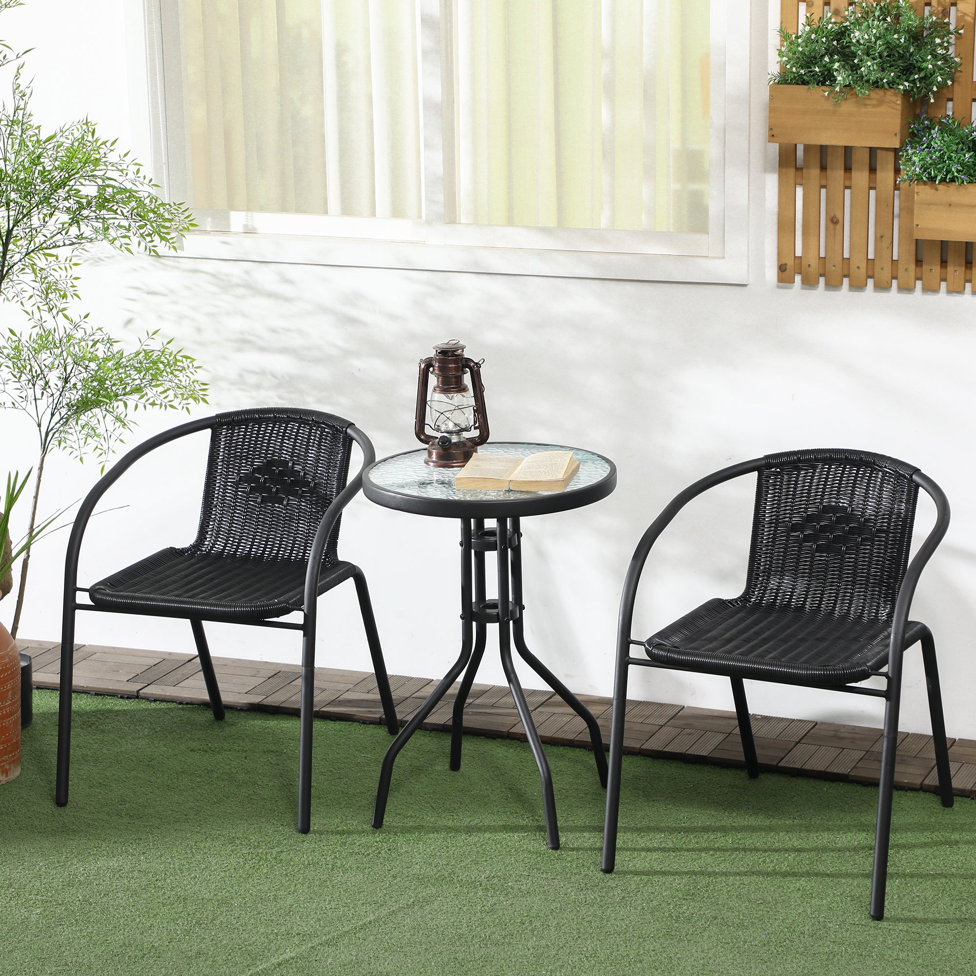 Outsunny 3 Pieces Wicker Patio Furniture Set, Rattan Bistro Set with Coffee Table and Stackable Chairs, Outdoor Conversation Set for Garden, Porch, Balcony, Black