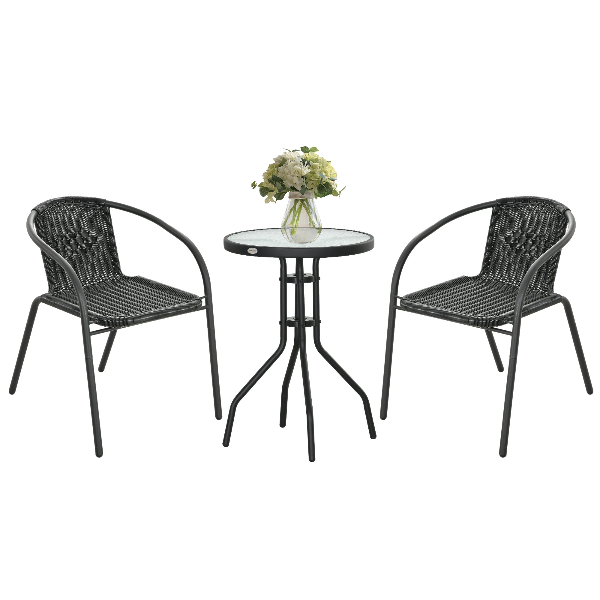 Outsunny 3 Pieces Wicker Patio Furniture Set, Rattan Bistro Set with Coffee Table and Stackable Chairs, Outdoor Conversation Set for Garden, Porch, Balcony, Black