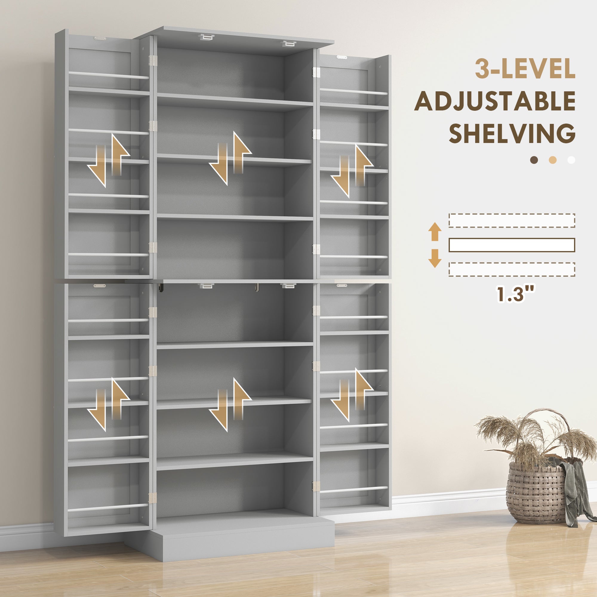 HOMCOM 65" Kitchen Pantry Cabinet, Modern Storage Cabinet with Doors and Shelves, Freestanding Cupboard for Dining Room, Gray