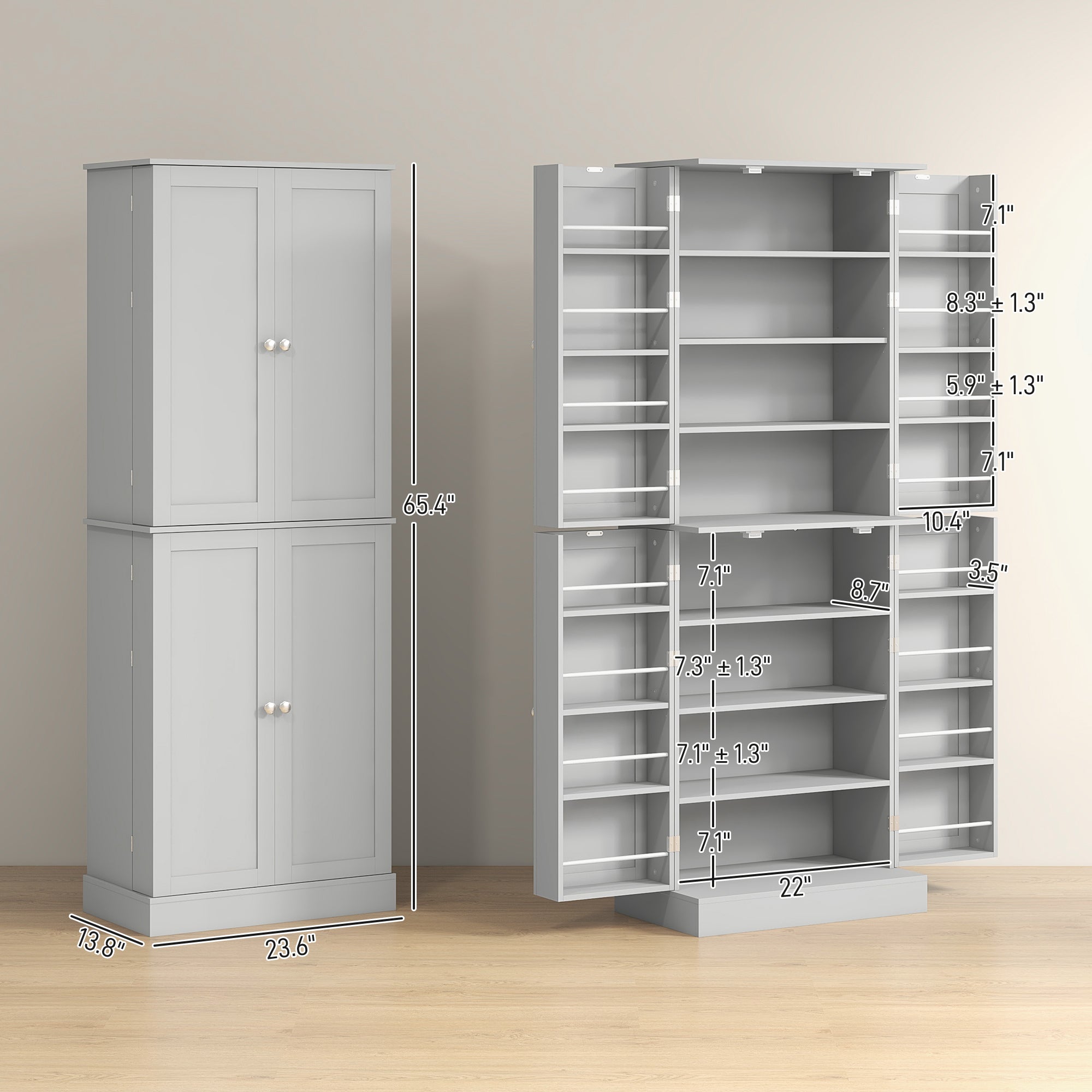 HOMCOM 65" Kitchen Pantry Cabinet, Modern Storage Cabinet with Doors and Shelves, Freestanding Cupboard for Dining Room, Gray
